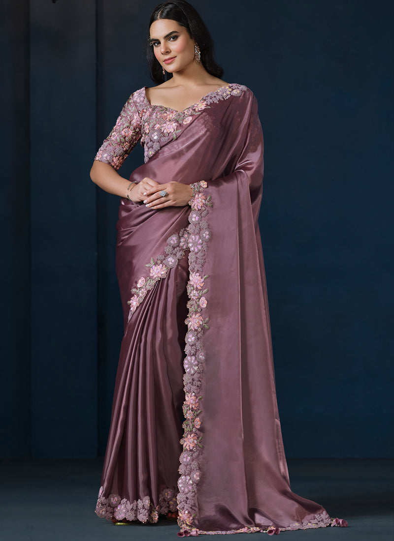 Rose Mauve Embellished Crepe Satin Silk Saree