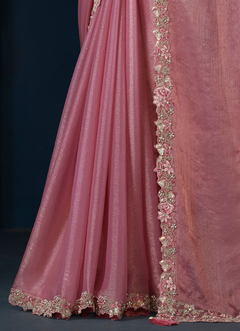 Blush Pink Embellished Shimmer Chiffon Silk Saree