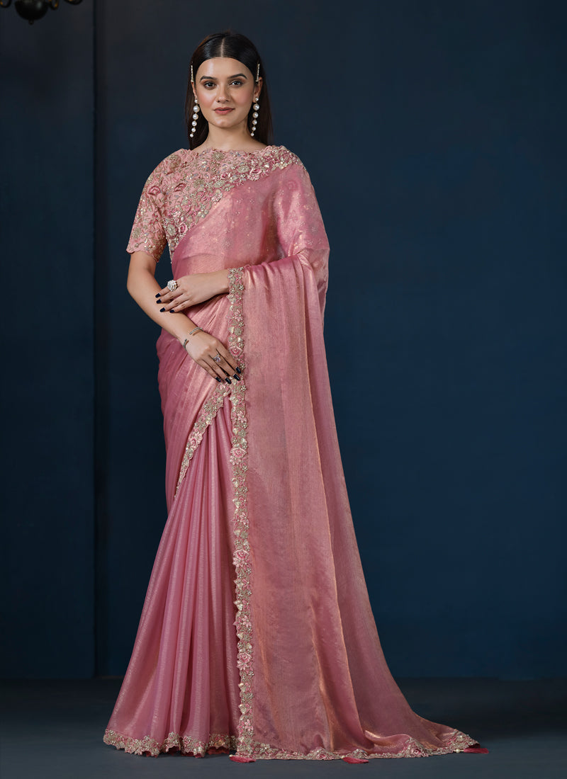Blush Pink Embellished Shimmer Chiffon Silk Saree