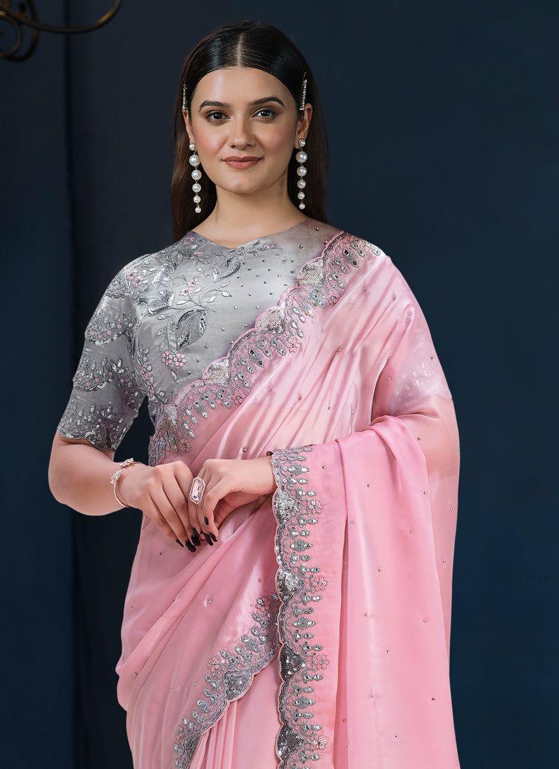 Baby Pink Embellished Crepe Satin Silk Saree