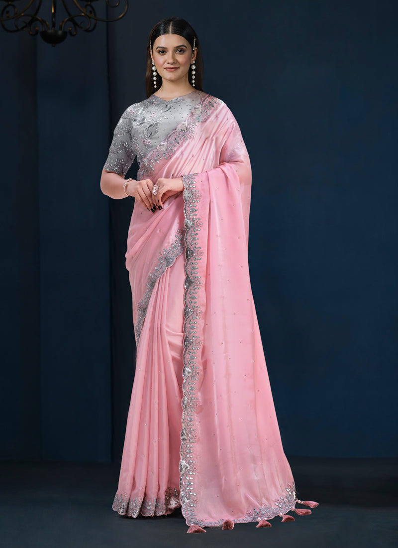 Baby Pink Embellished Crepe Satin Silk Saree