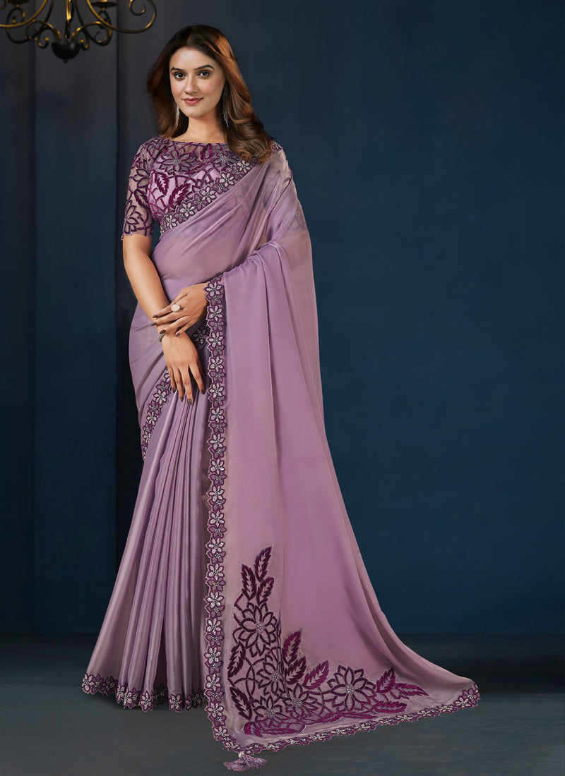 Lilac Embellished Crepe Satin Silk Saree