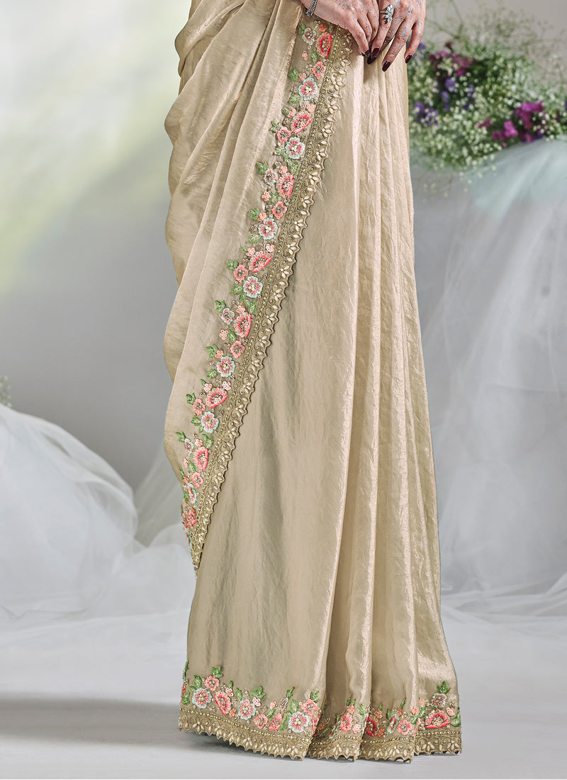 Beige Embellished Tussar Silk Saree