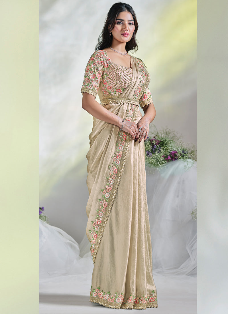 Beige Embellished Tussar Silk Saree