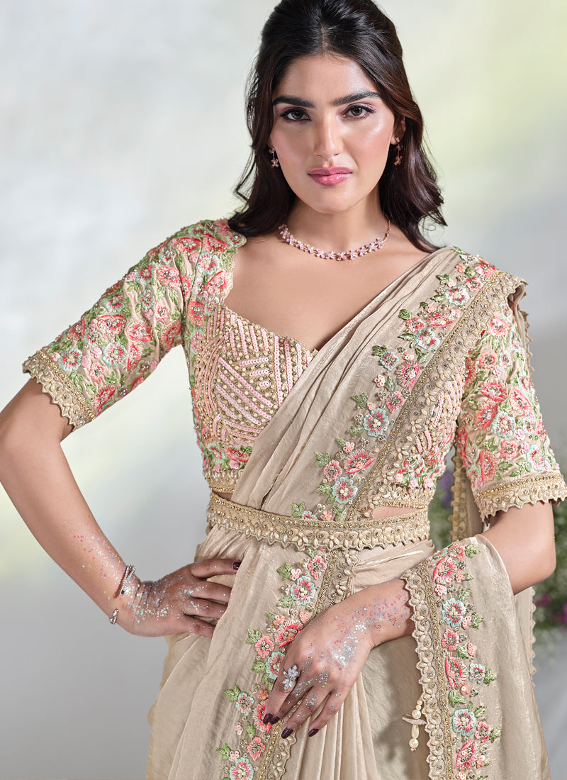 Beige Embellished Tussar Silk Saree