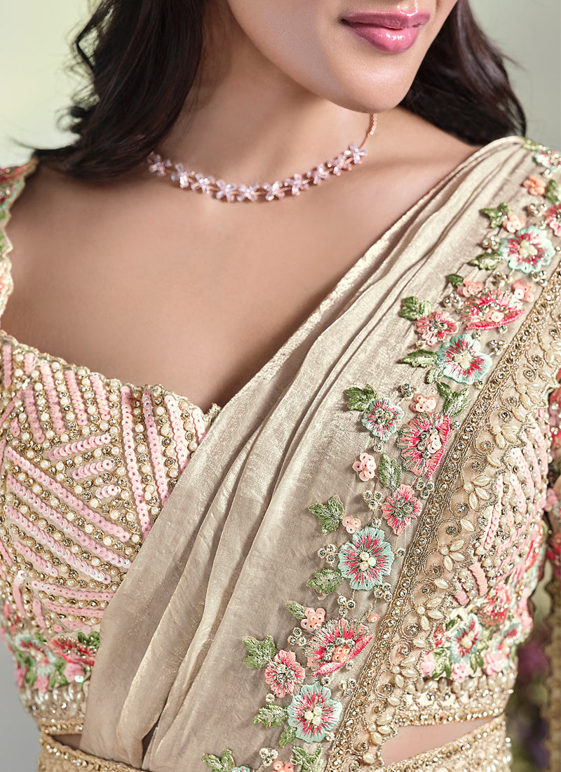 Beige Embellished Tussar Silk Saree