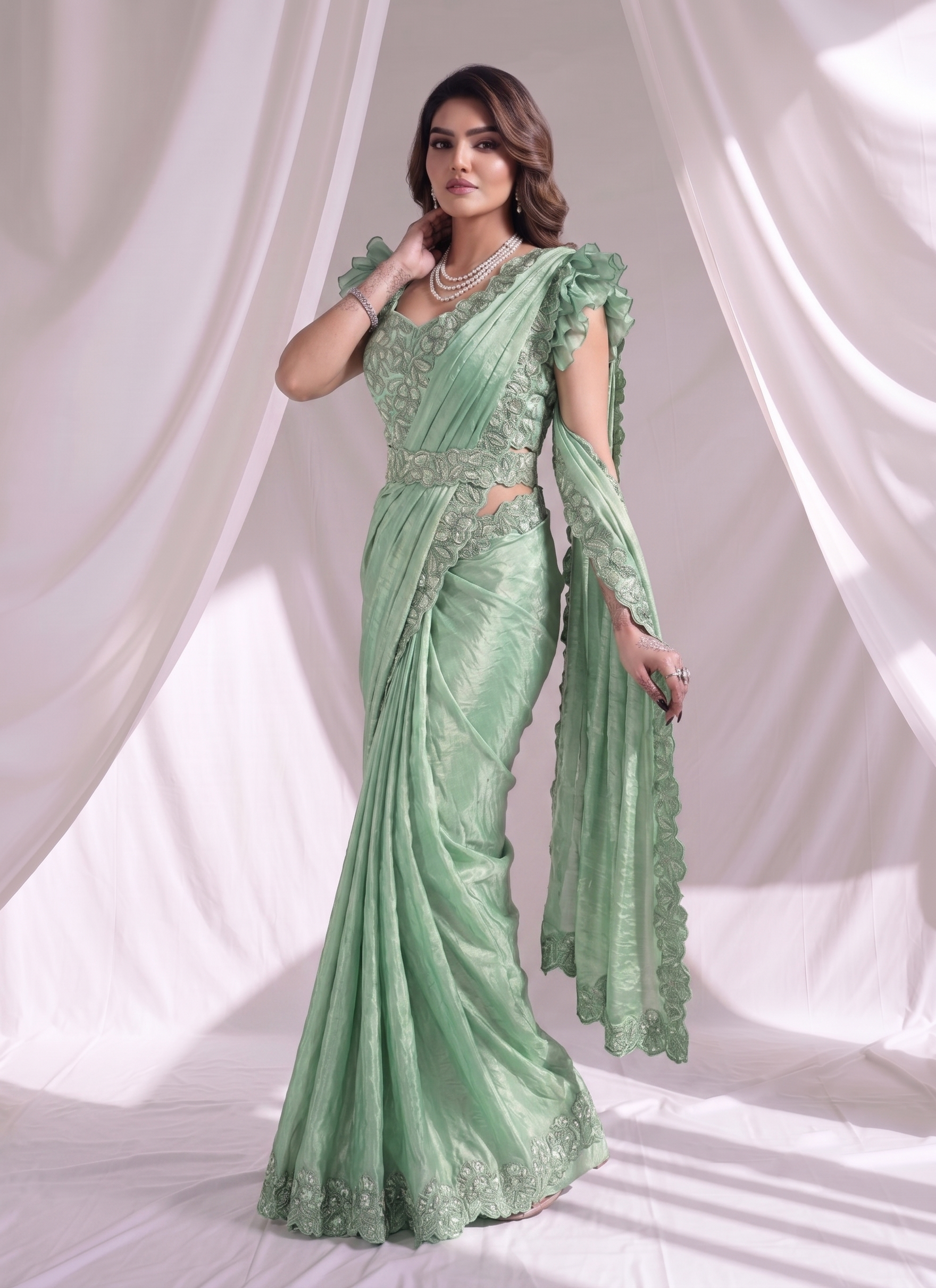 Seafoam Green Embellished Satin Silk Saree