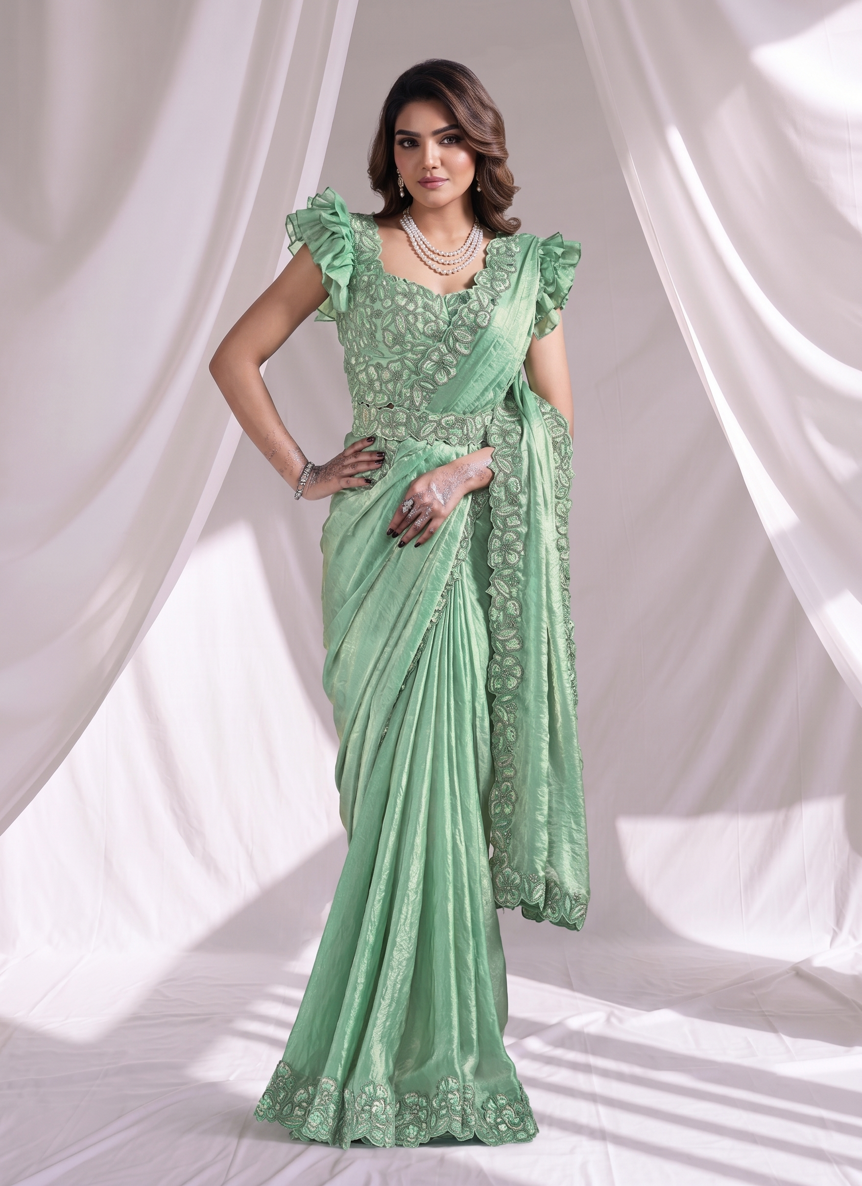 Seafoam Green Embellished Satin Silk Saree