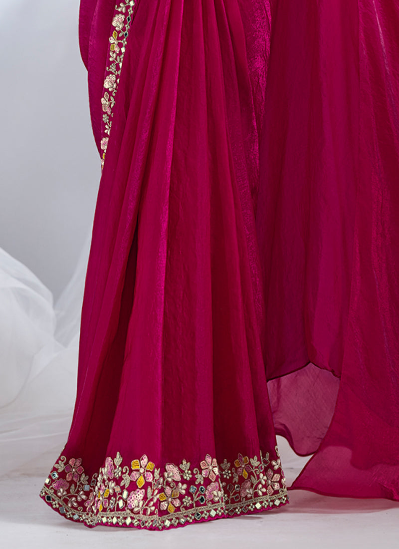 Deep Fuchsia Embellished Soft Organza Silk Saree