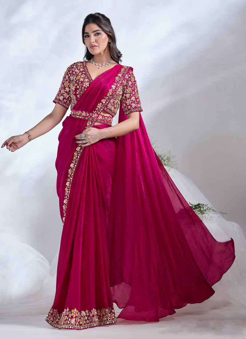 Deep Fuchsia Embellished Soft Organza Silk Saree