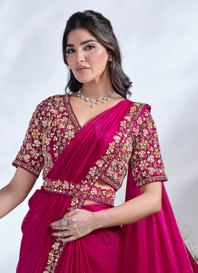 Deep Fuchsia Embellished Soft Organza Silk Saree