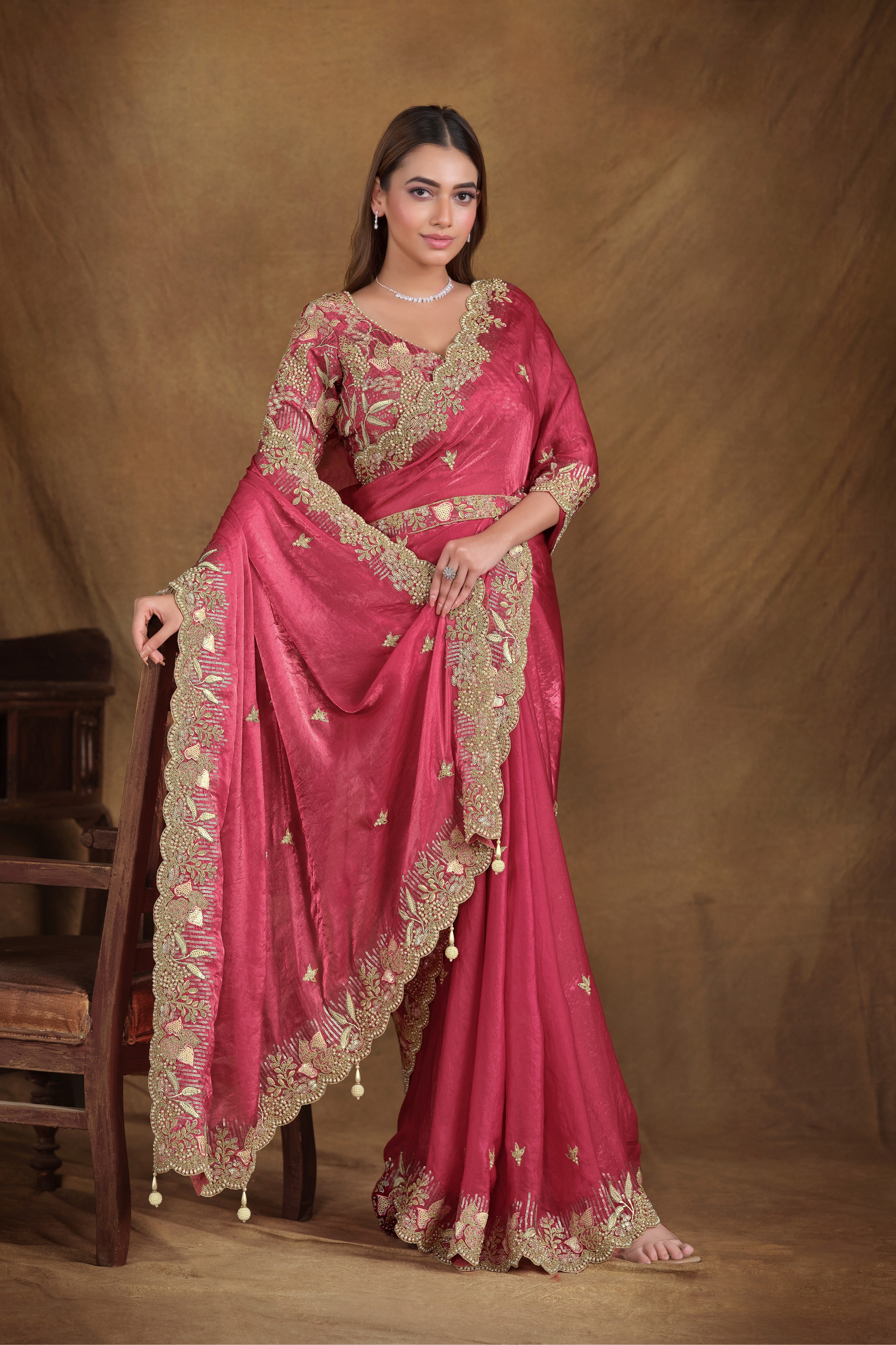 Cranberry Pink Embellished Satin Silk Saree
