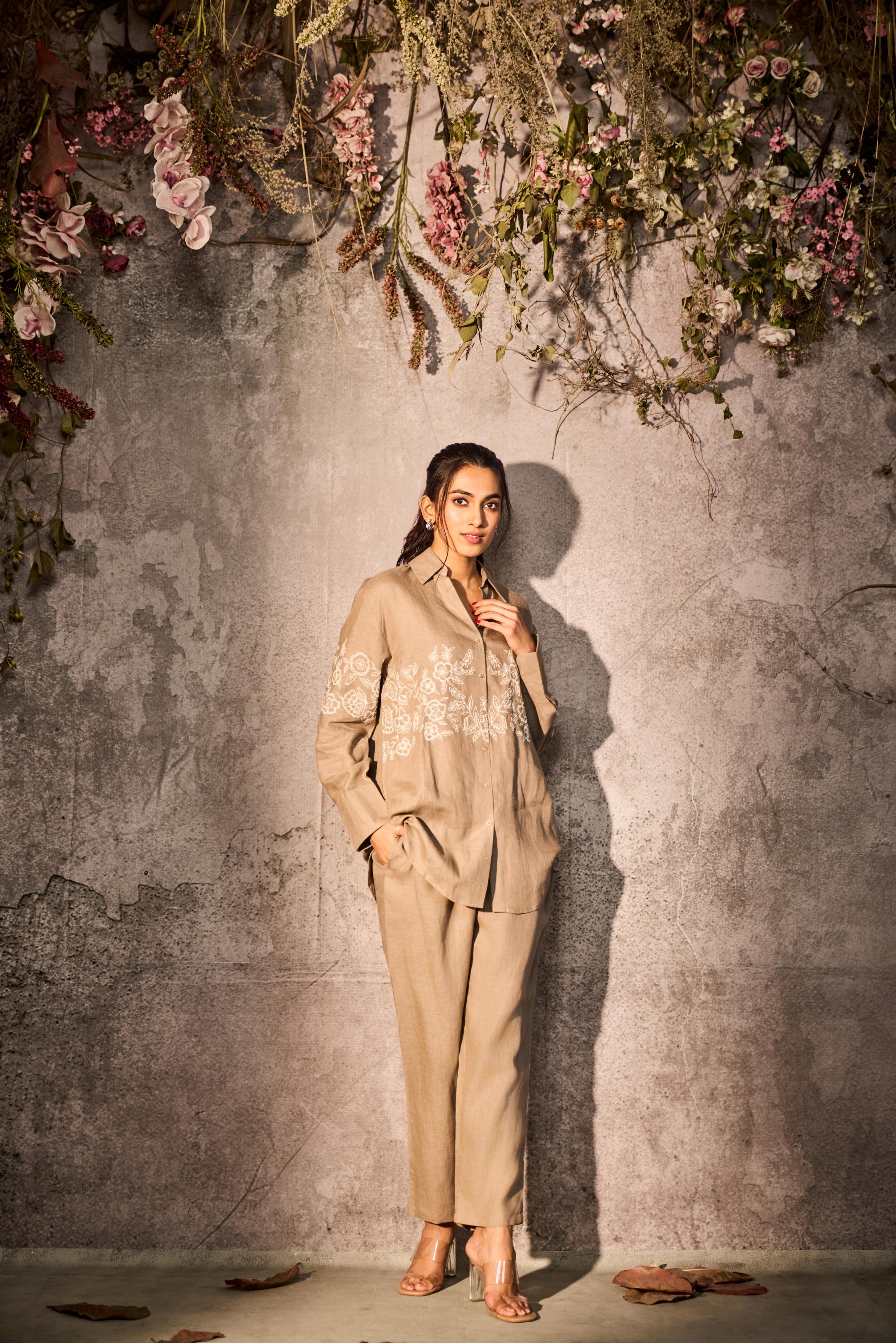Classic Beige Embroidered Linen Silk Co-Ord Set