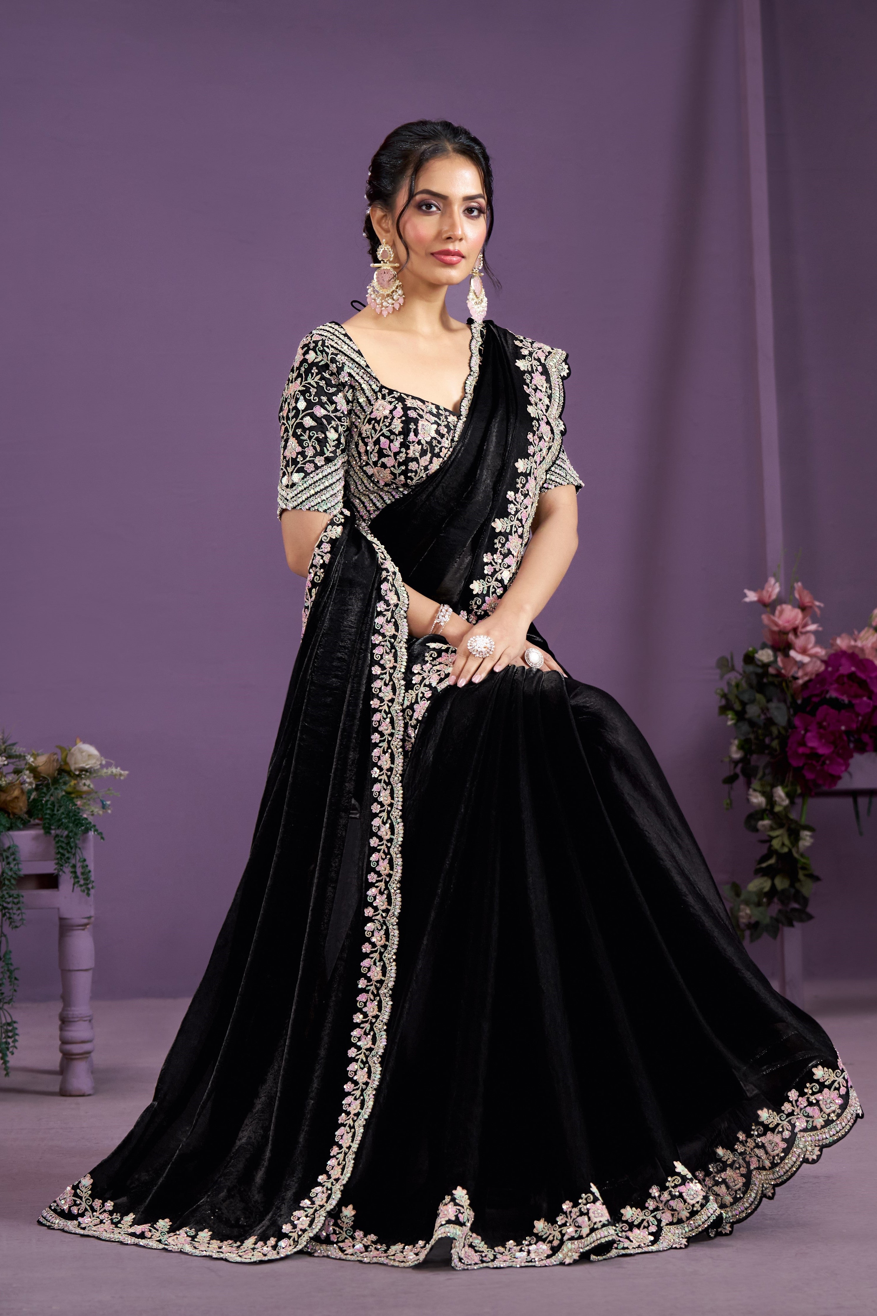 Black Embellished Satin Silk Saree