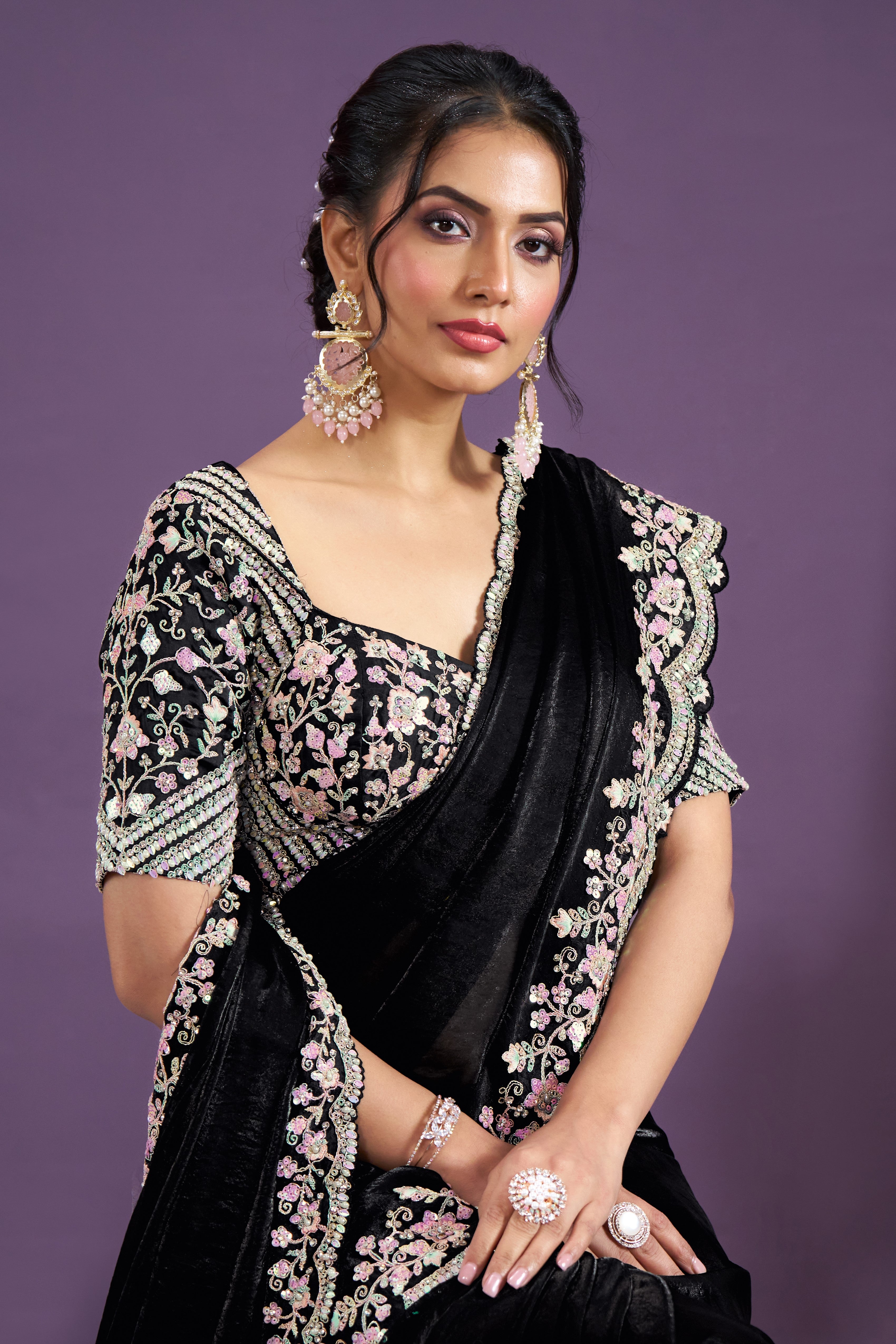 Black Embellished Satin Silk Saree