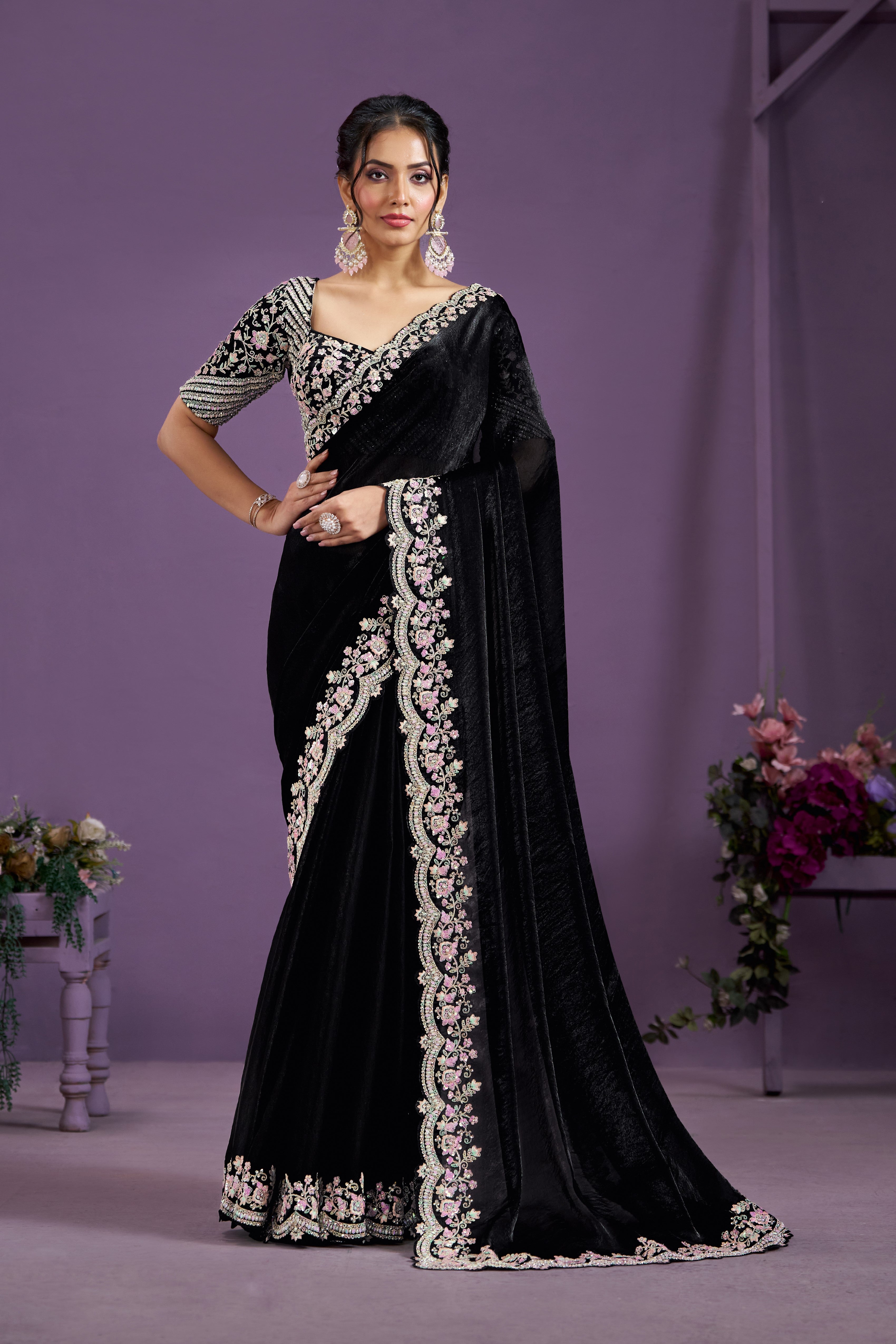 Black Embellished Satin Silk Saree