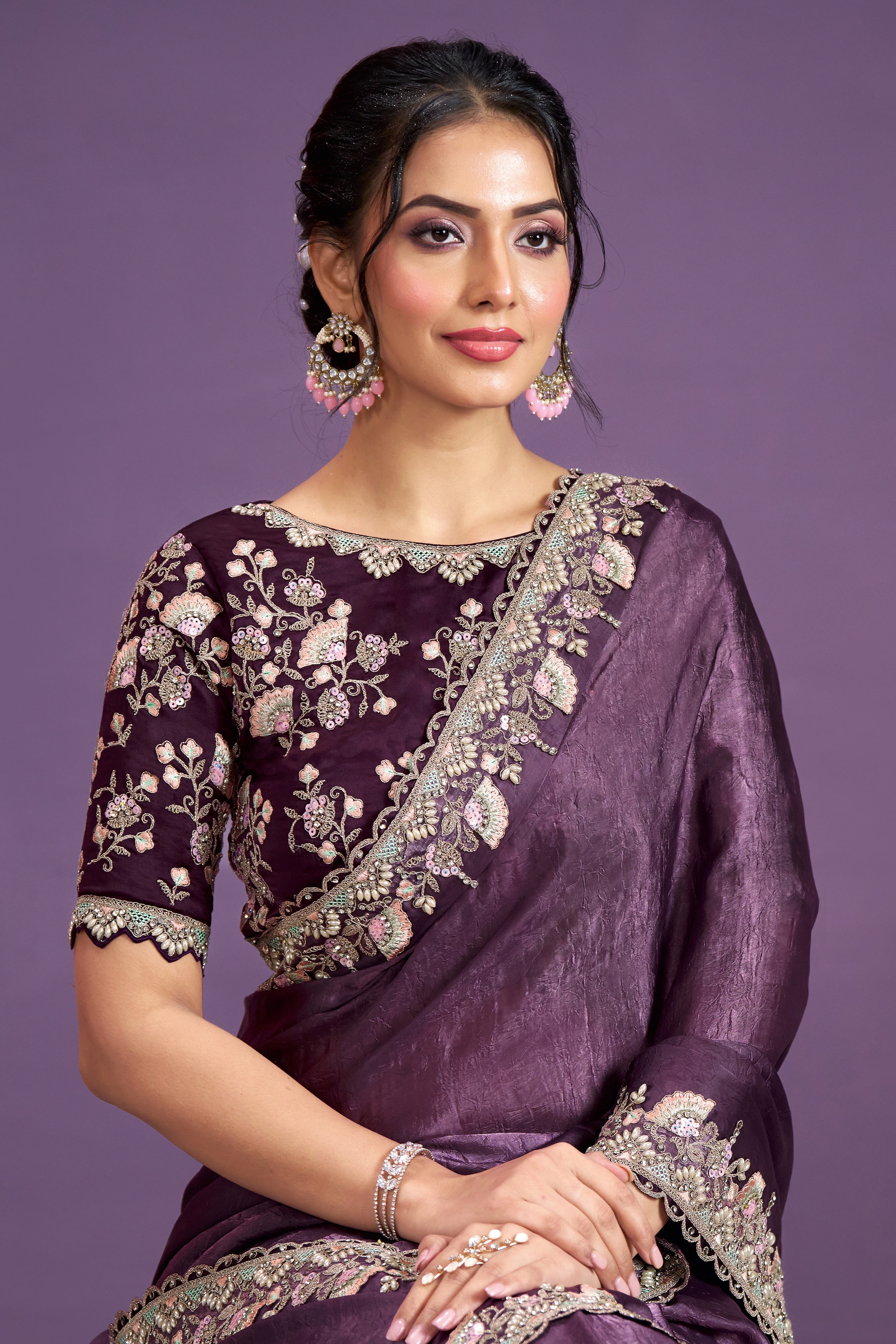 Purple Embellished Satin Silk Saree
