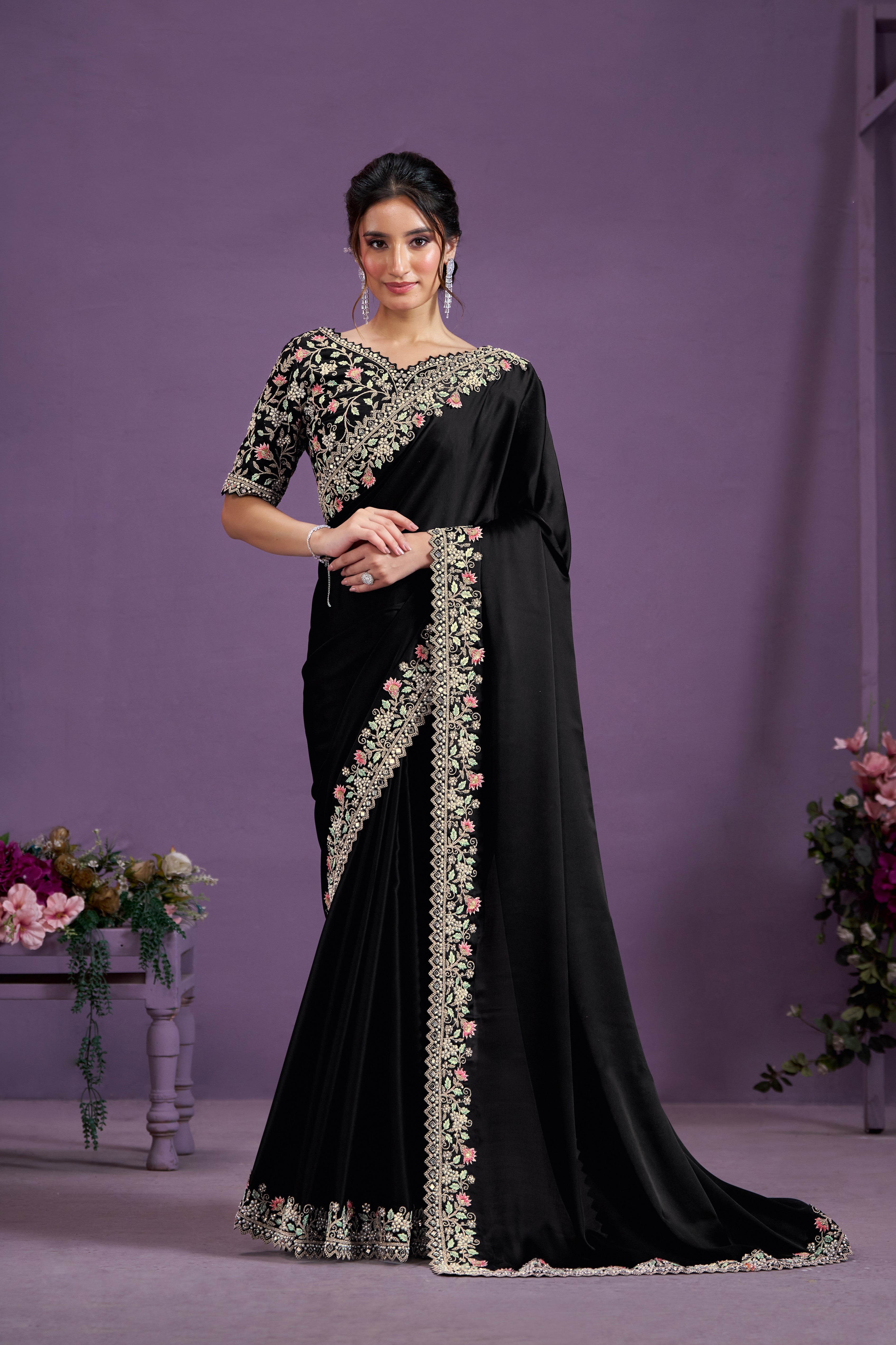 Bold Black Embellished Satin Silk Saree