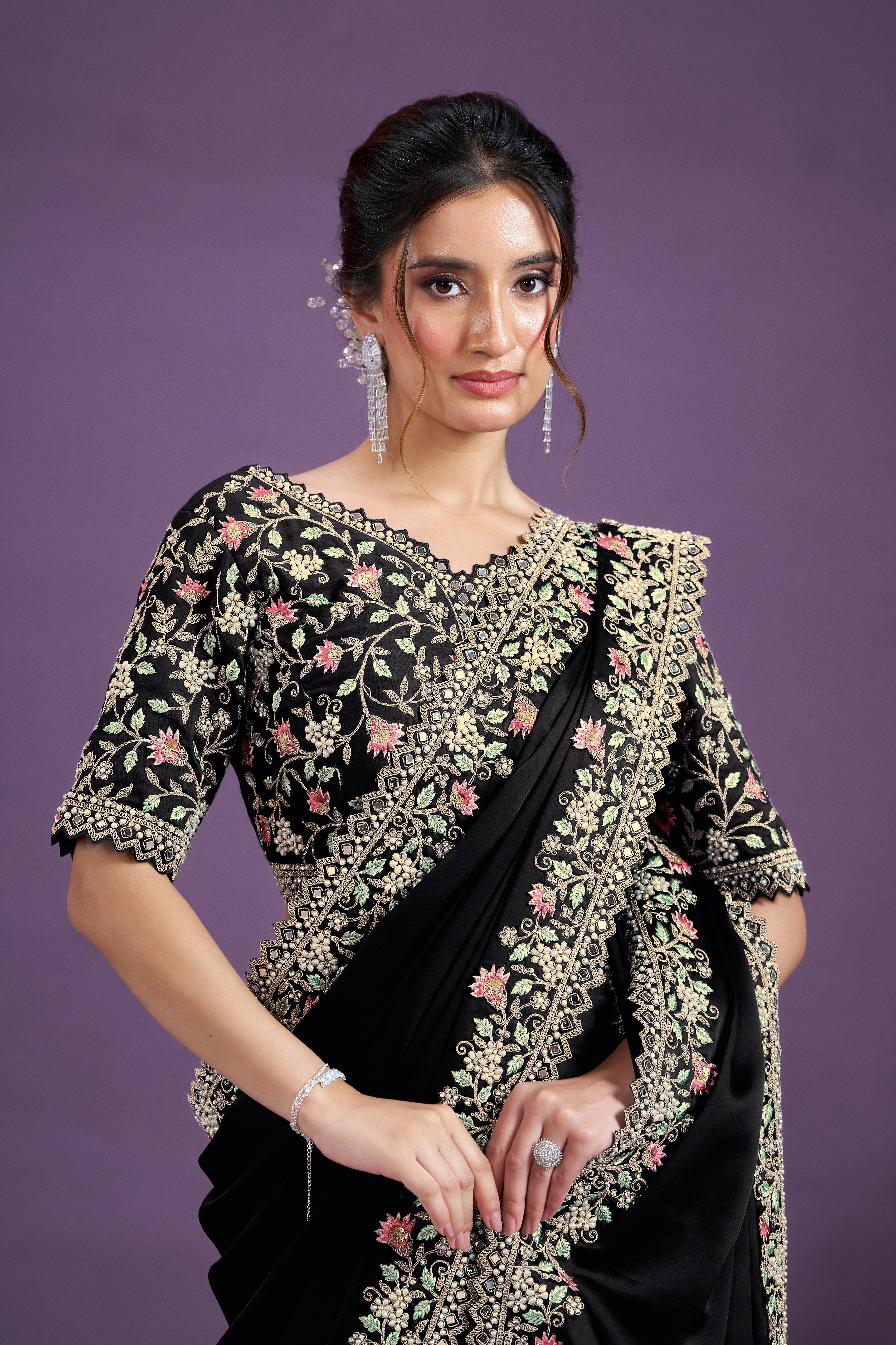 Bold Black Embellished Satin Silk Saree