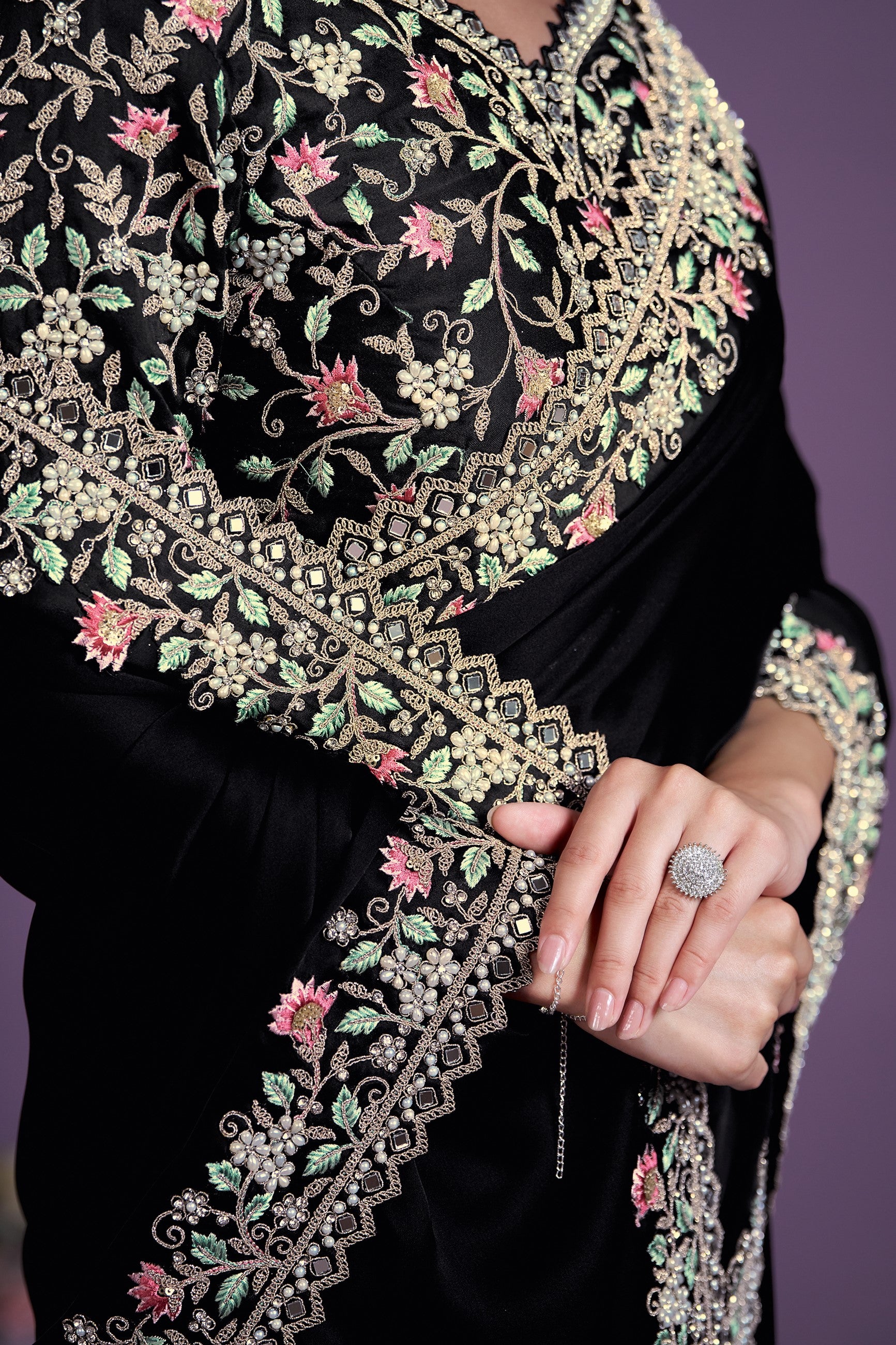 Bold Black Embellished Satin Silk Saree