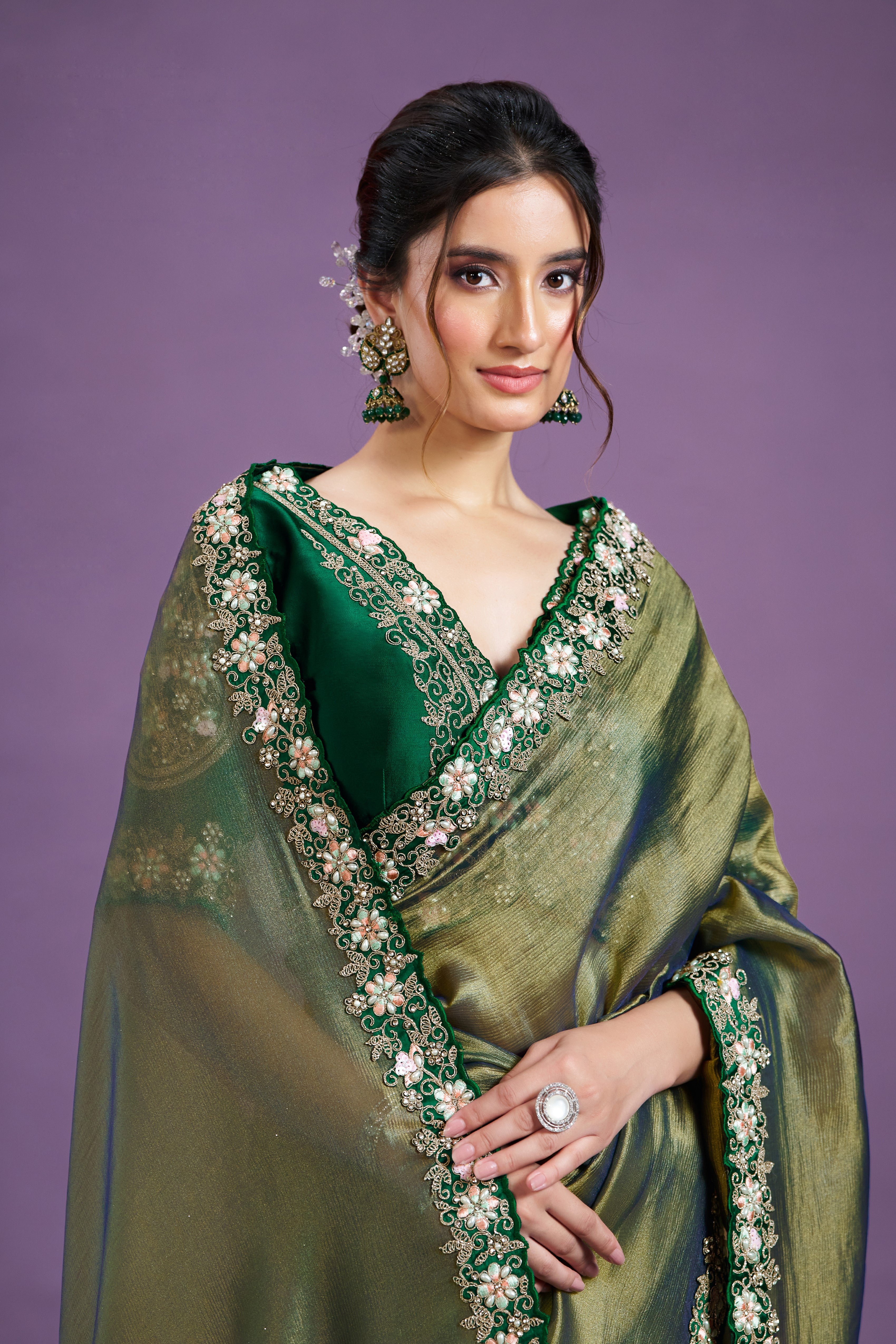 Green Grace Embellished Glass Tissue Silk Saree