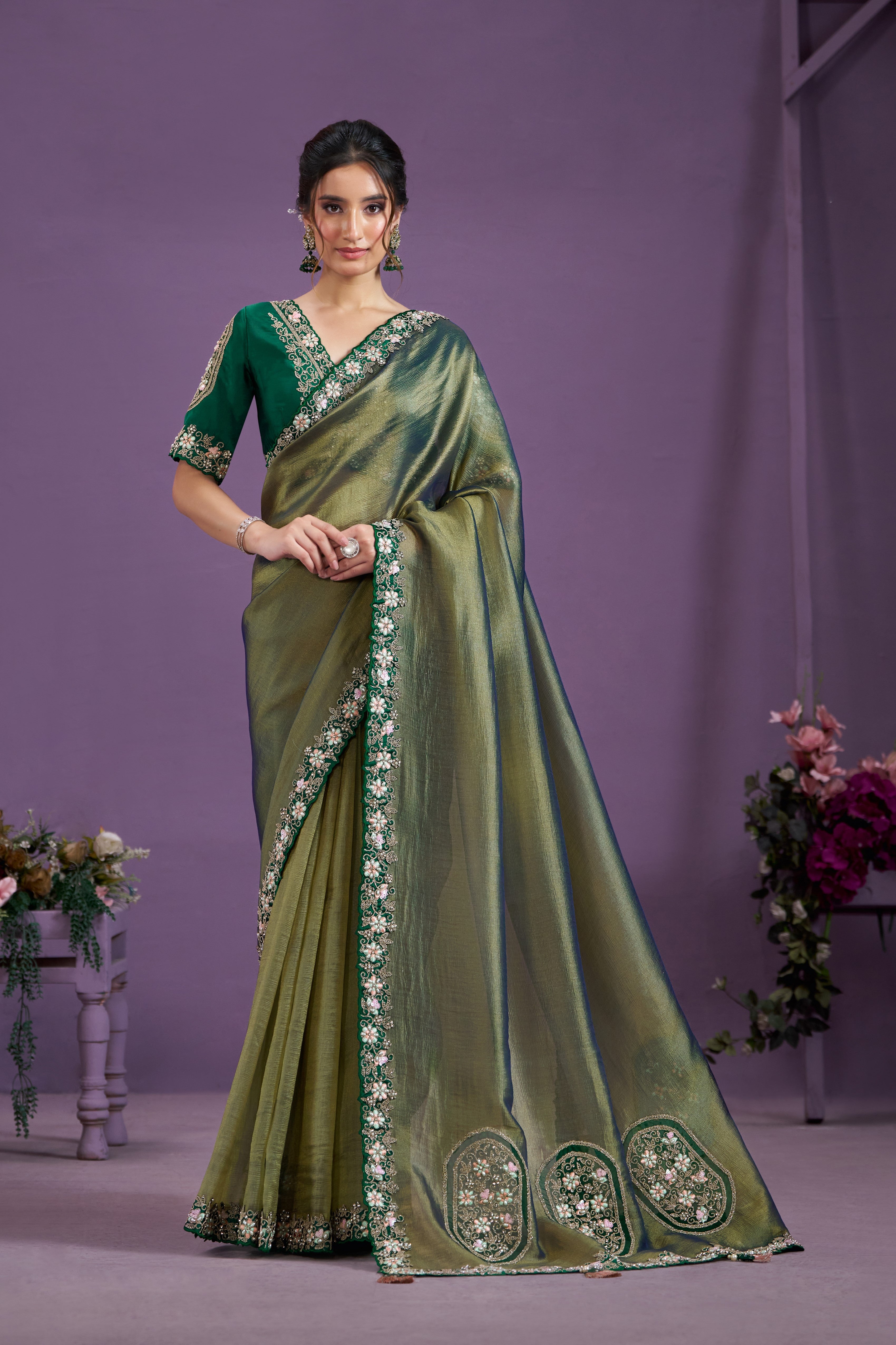 Green Grace Embellished Glass Tissue Silk Saree