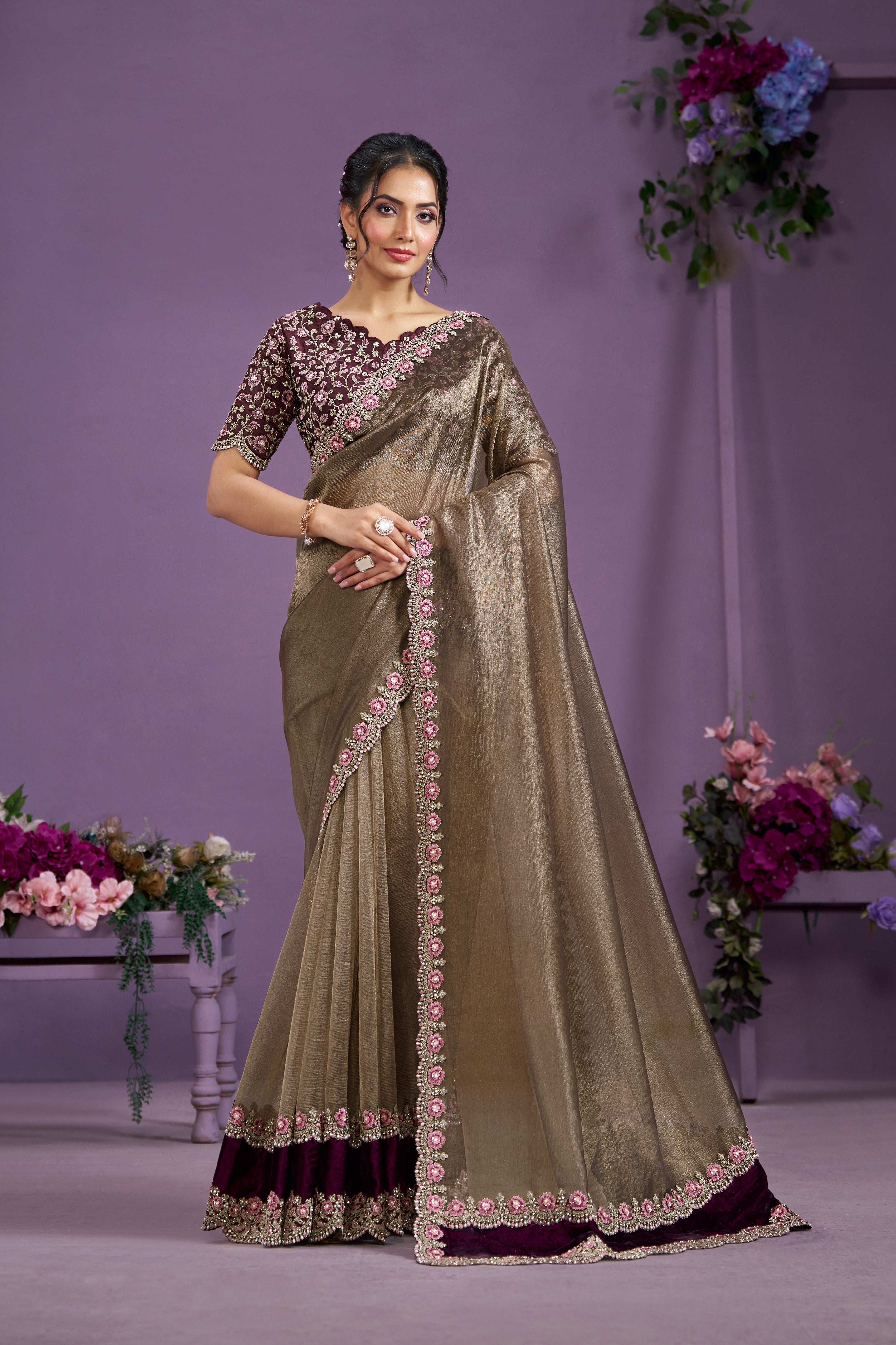 Wine Pure Banarasi Crush Silk Saree