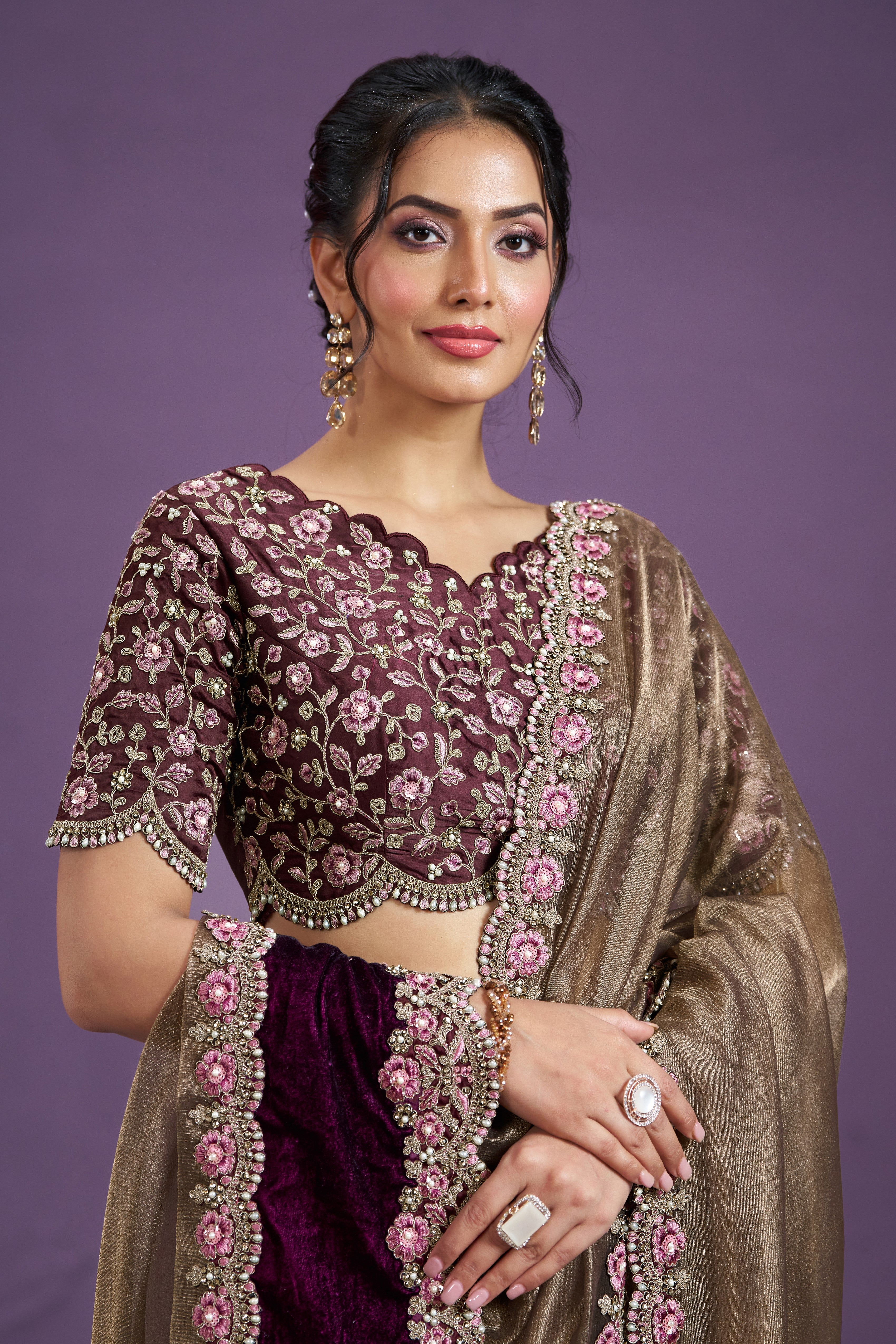 Wine Pure Banarasi Crush Silk Saree
