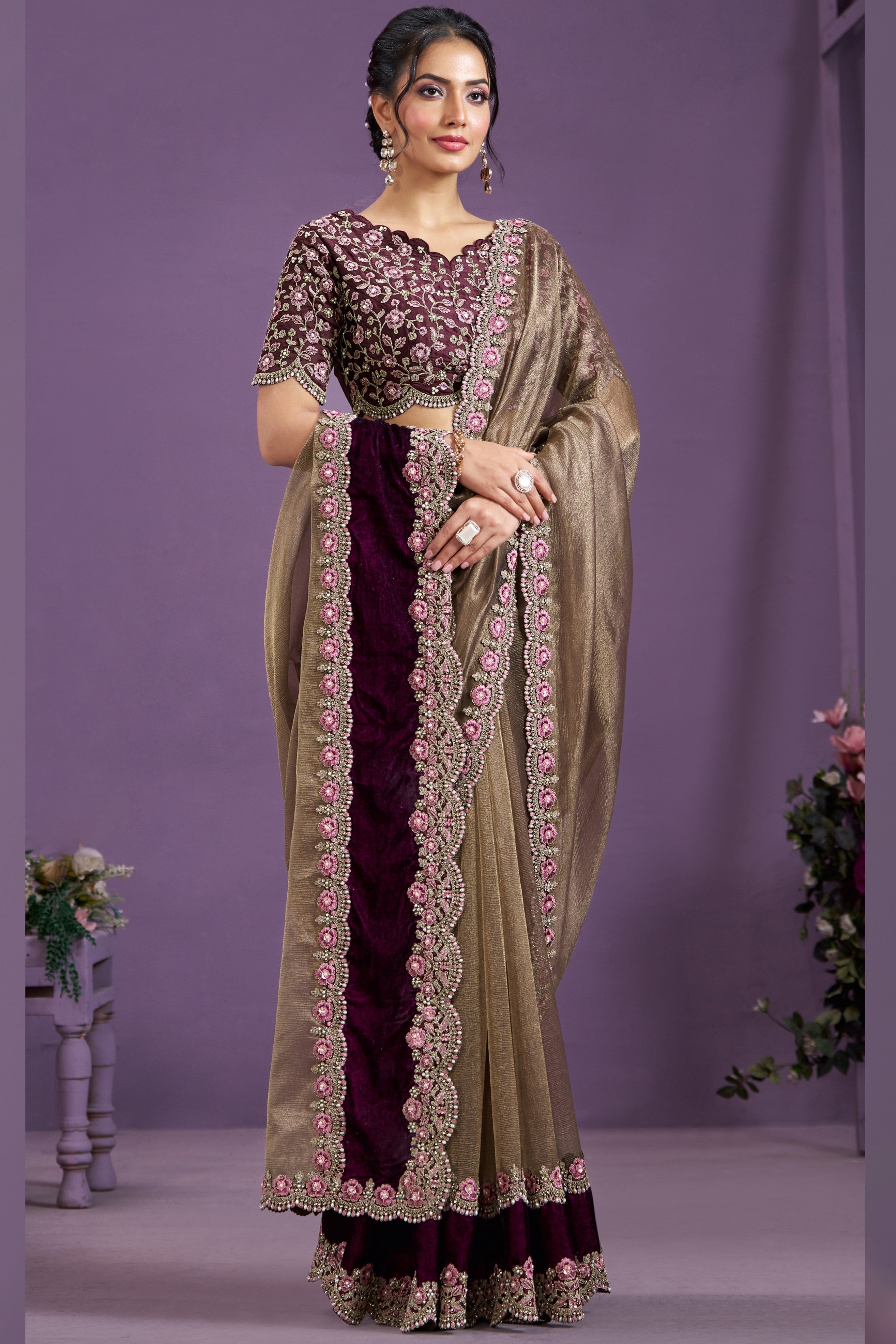 Wine Pure Banarasi Crush Silk Saree