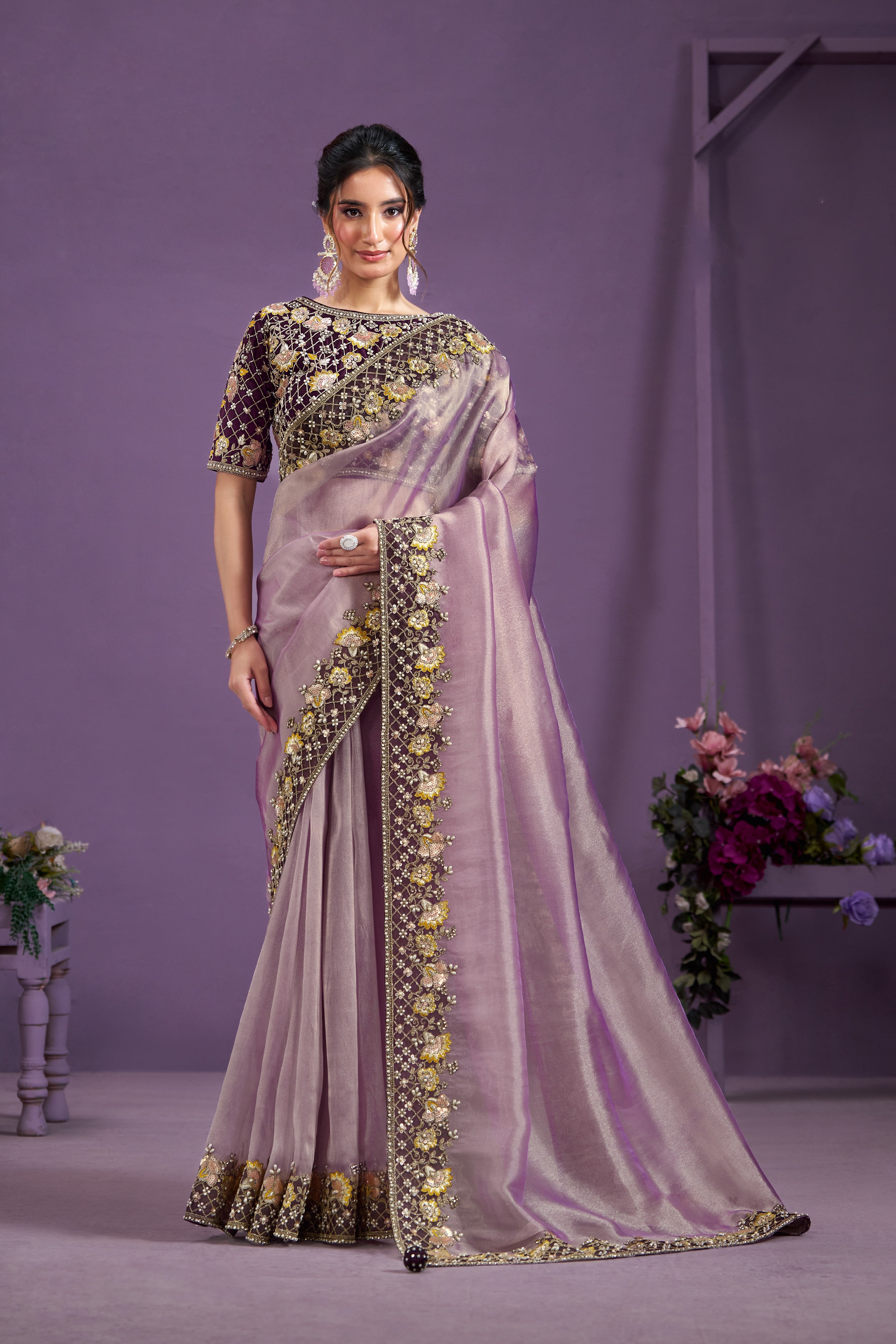 Lavender Embellished Glass Tissue Silk Saree