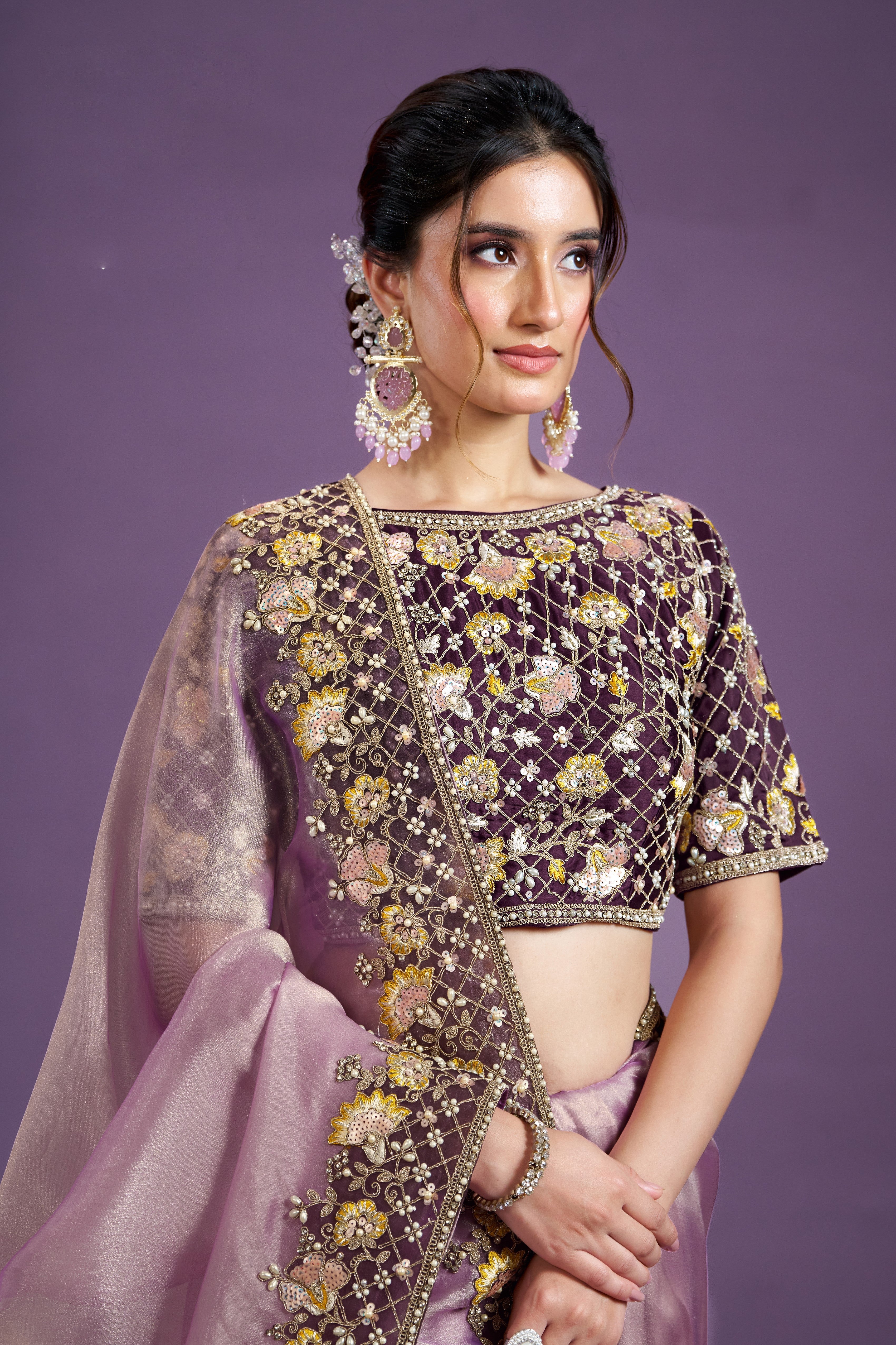 Lavender Embellished Glass Tissue Silk Saree
