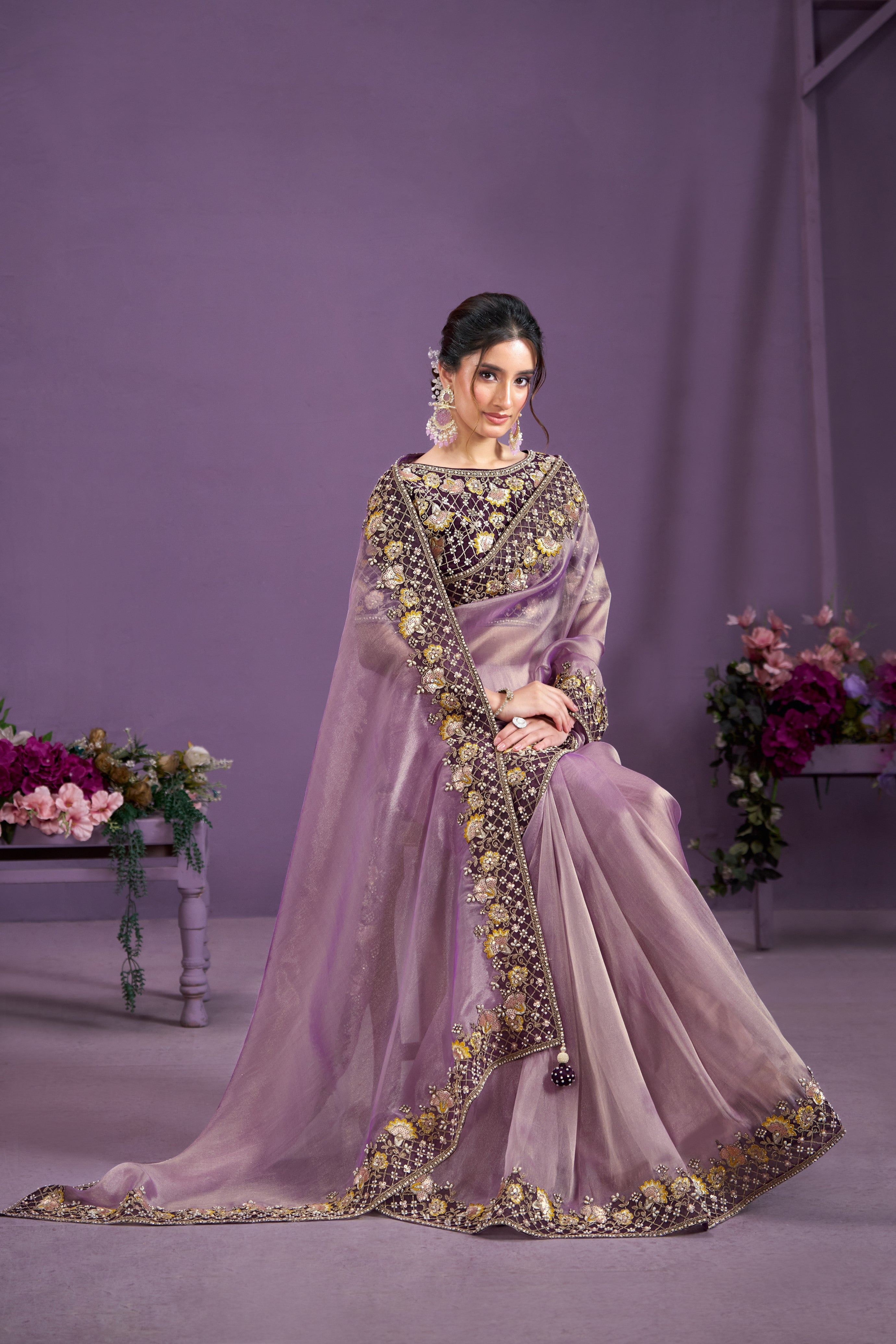 Lavender Embellished Glass Tissue Silk Saree
