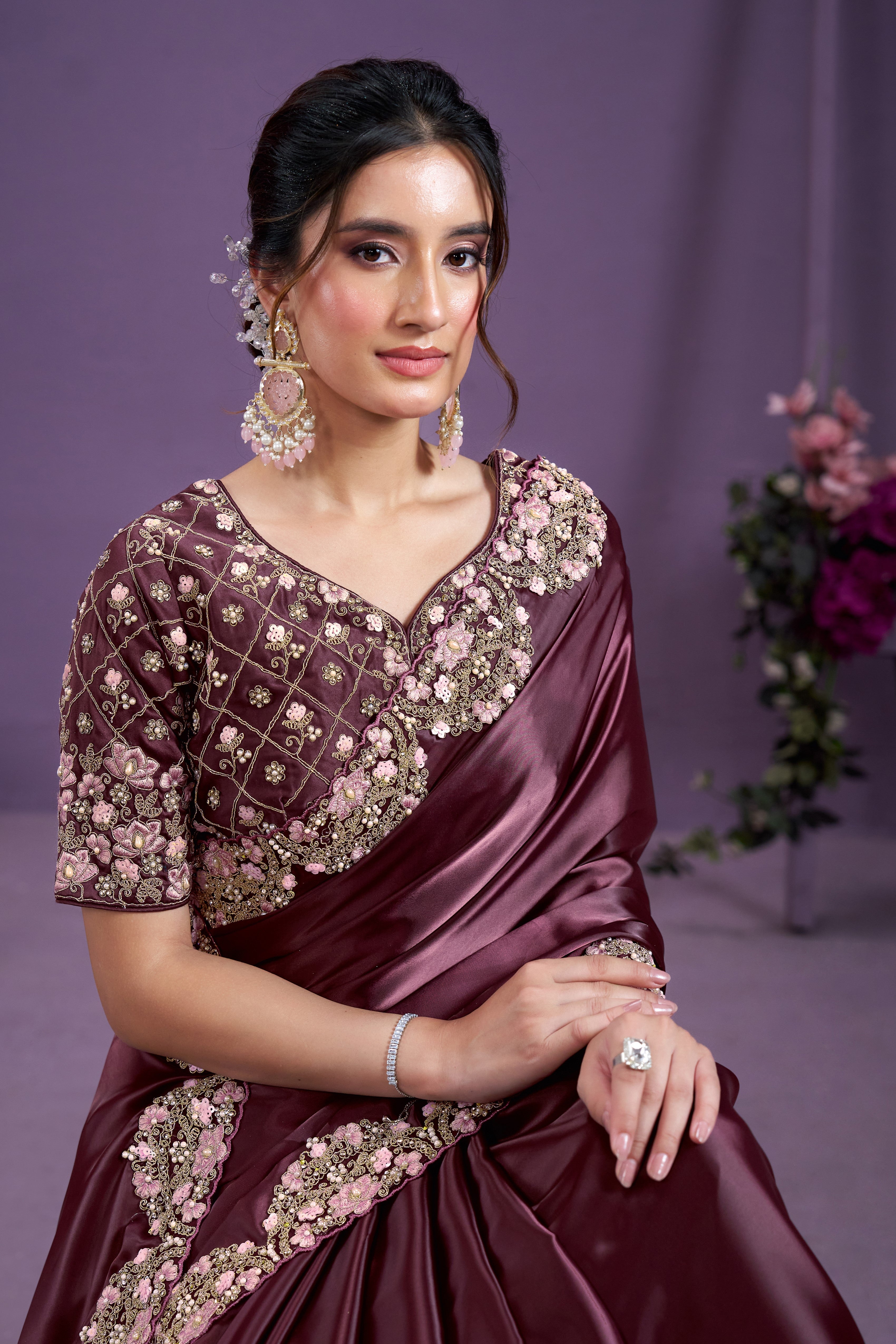 Burgundy Embellished Satin Silk Saree