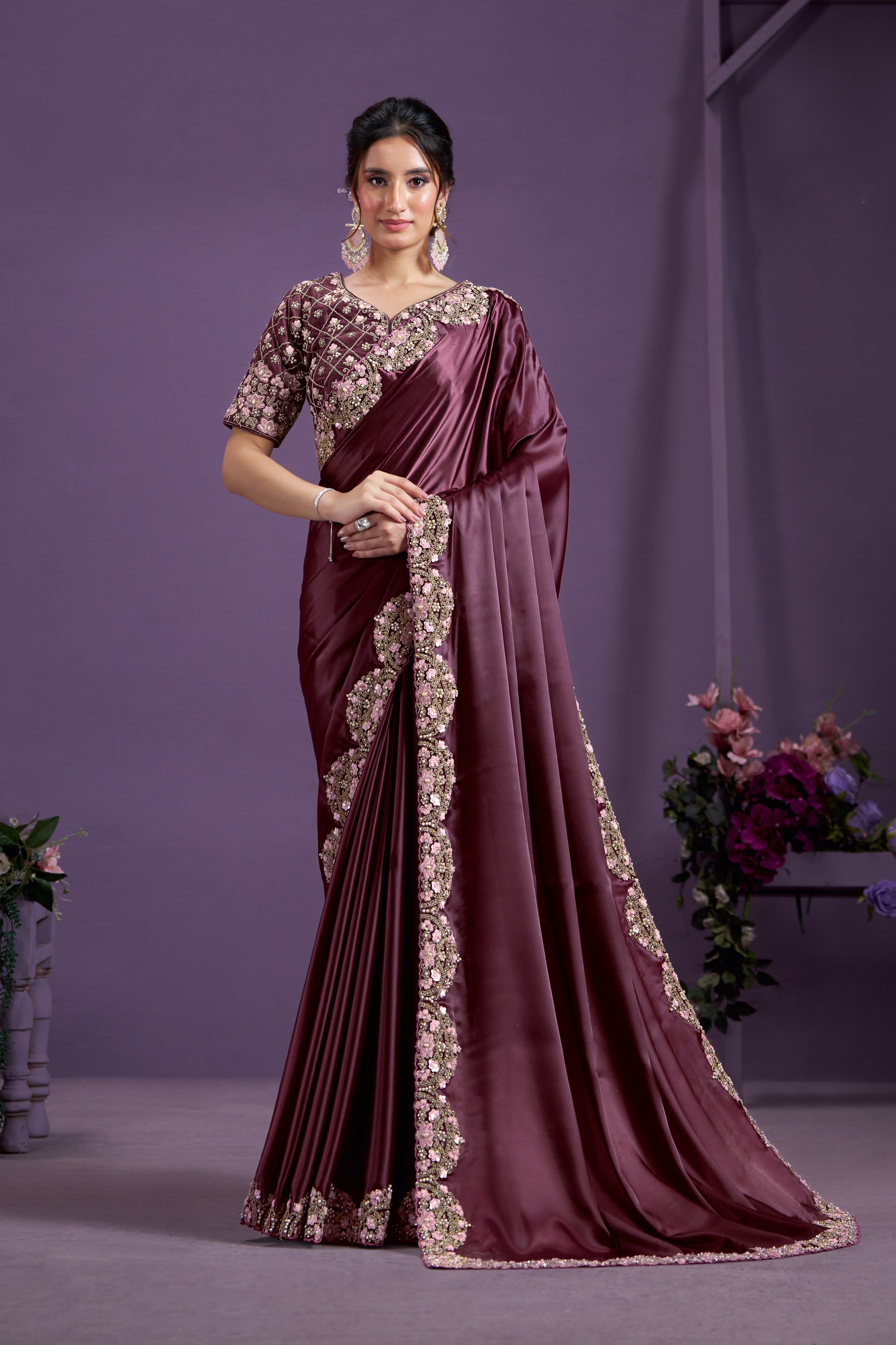 Burgundy Embellished Satin Silk Saree