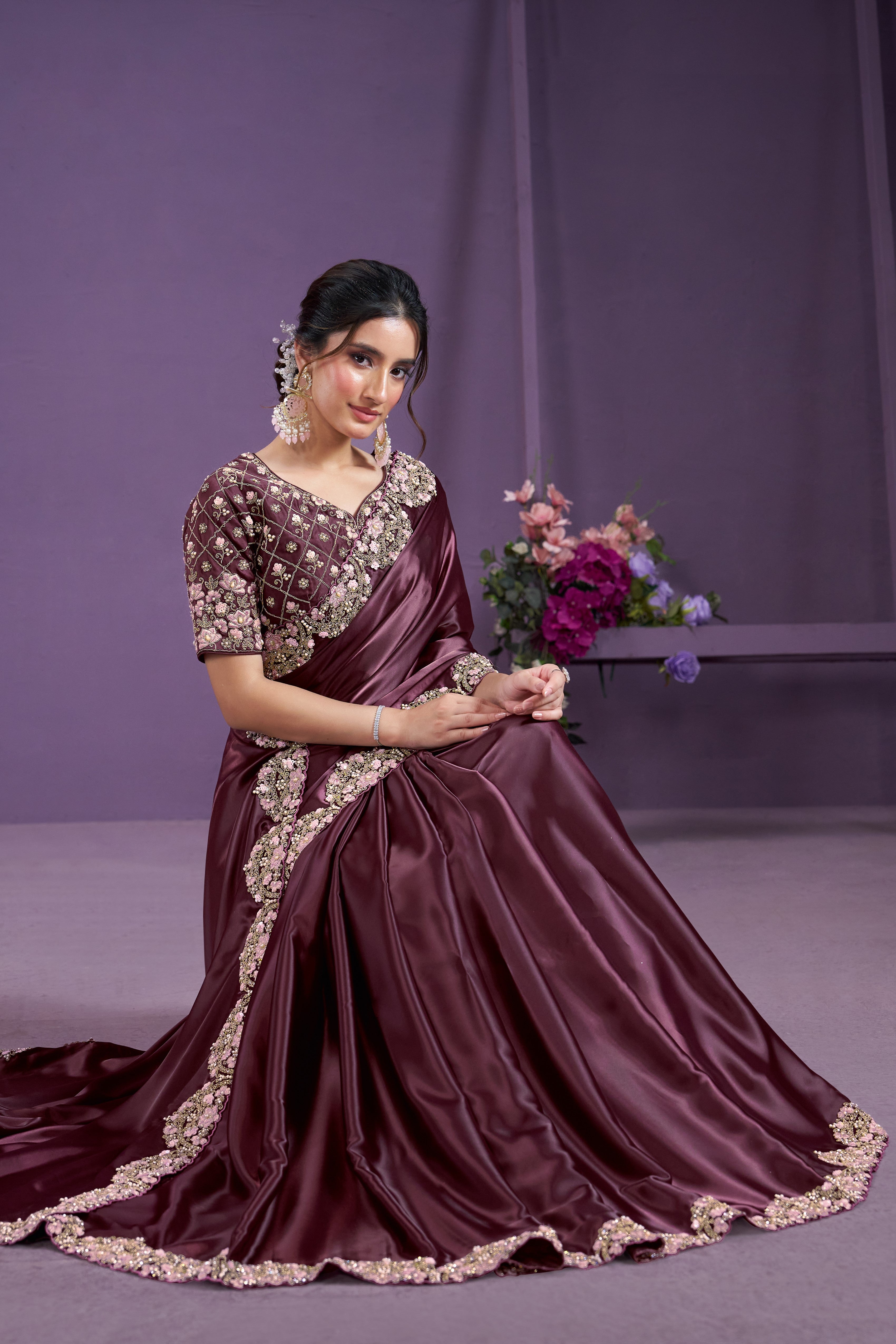 Burgundy Embellished Satin Silk Saree