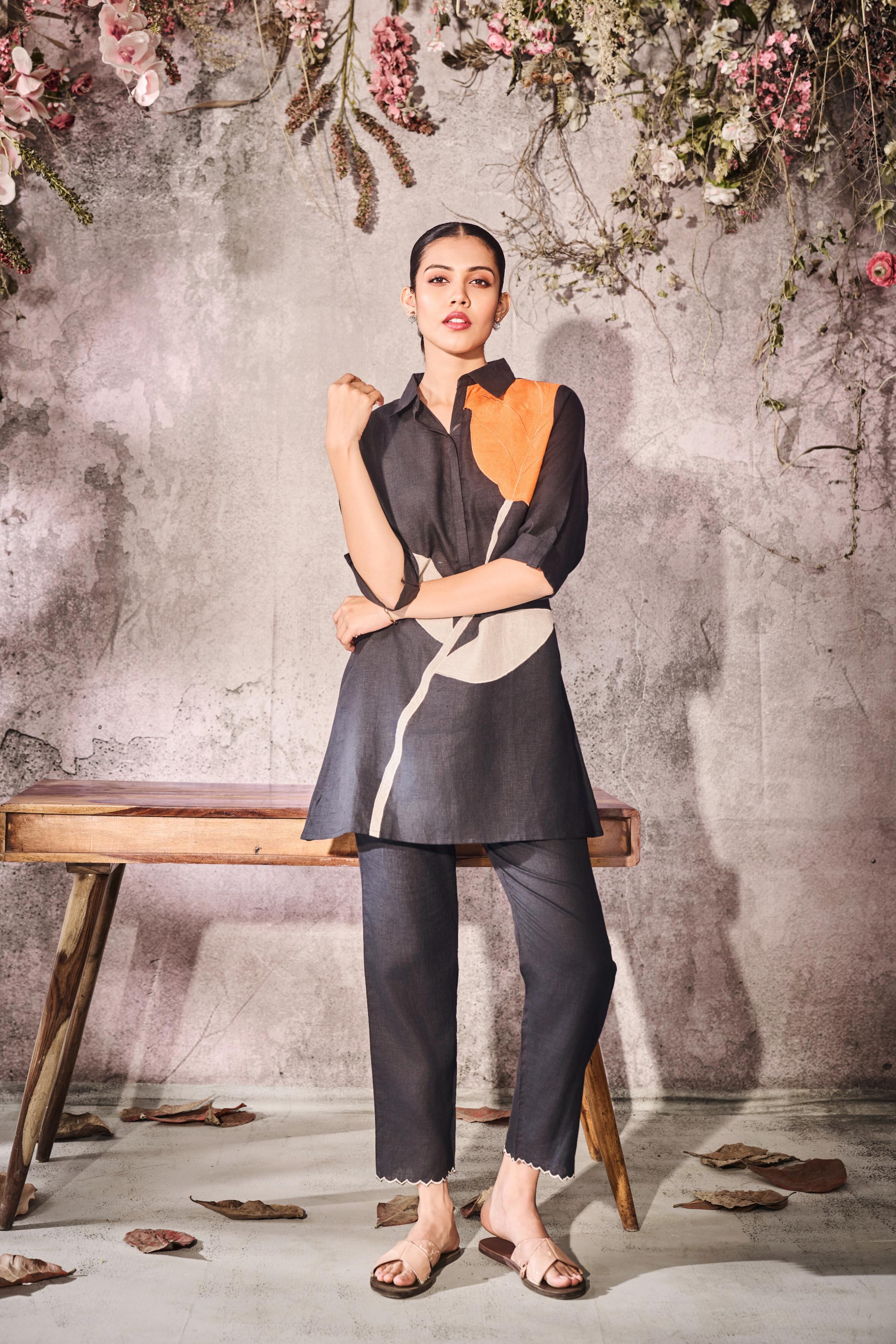 Black Premium Printed Linen Silk Co-Ord Set