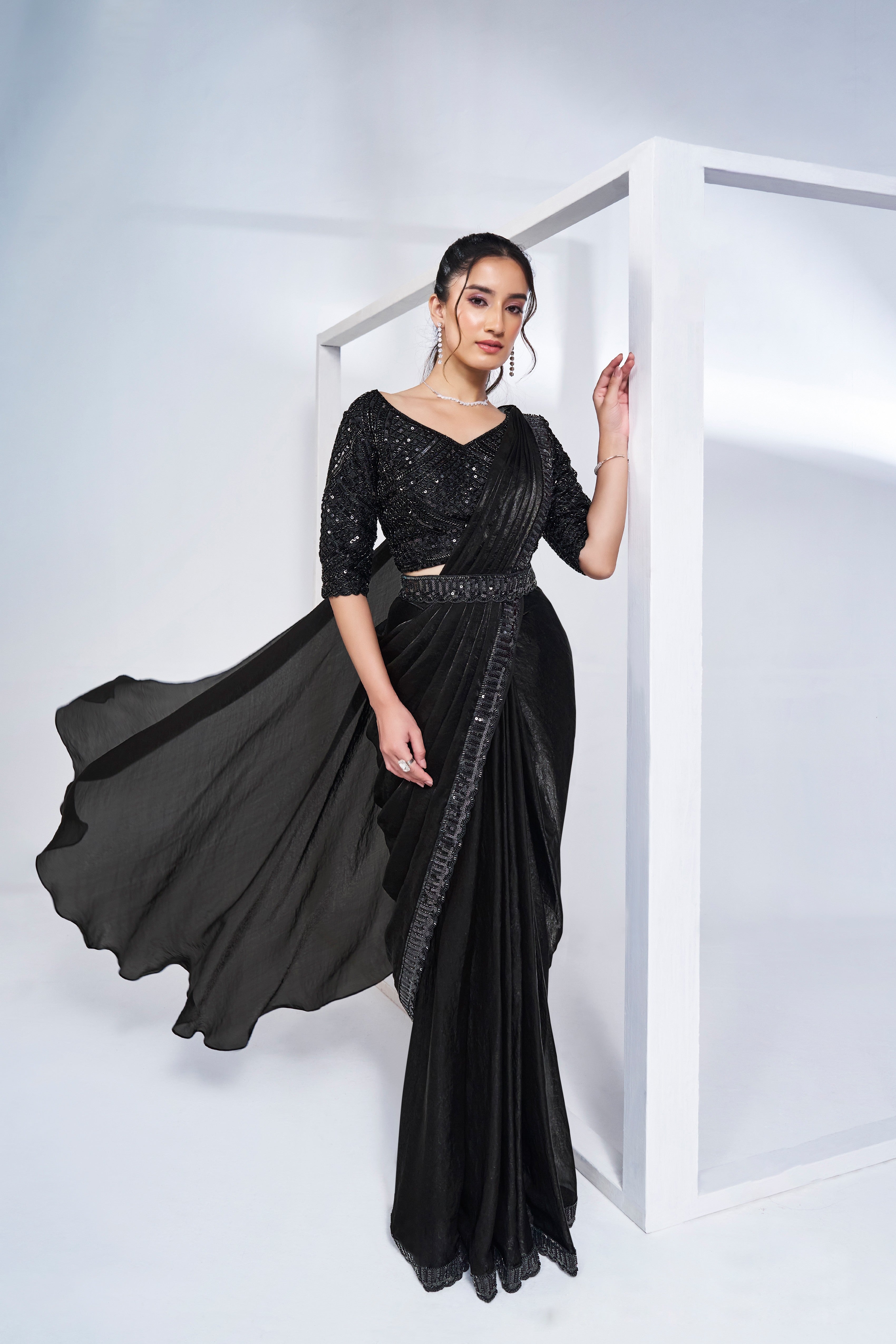 Hot Black Embellished Satin Silk Saree