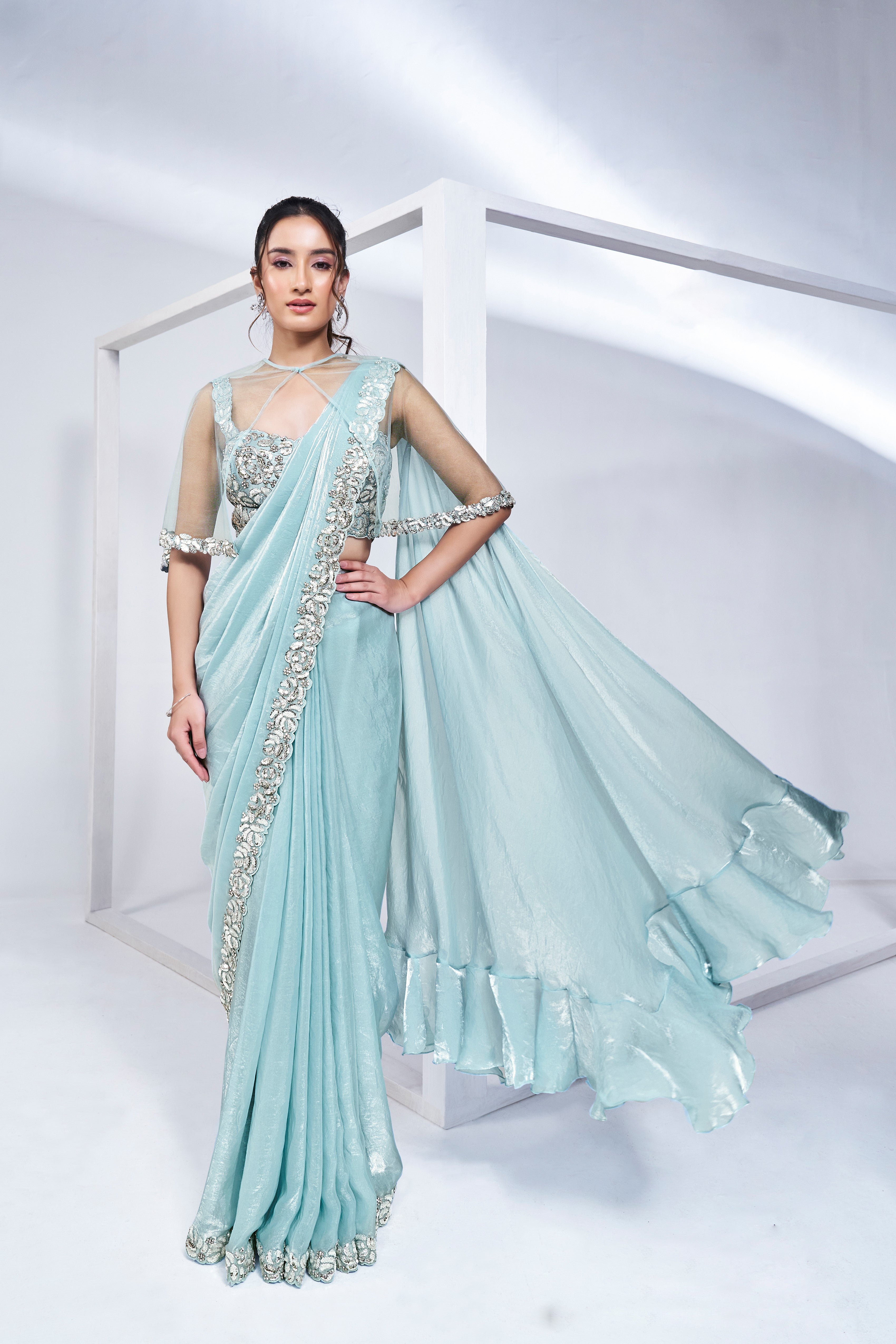 Aqua Blue Handwork Satin Silk Saree