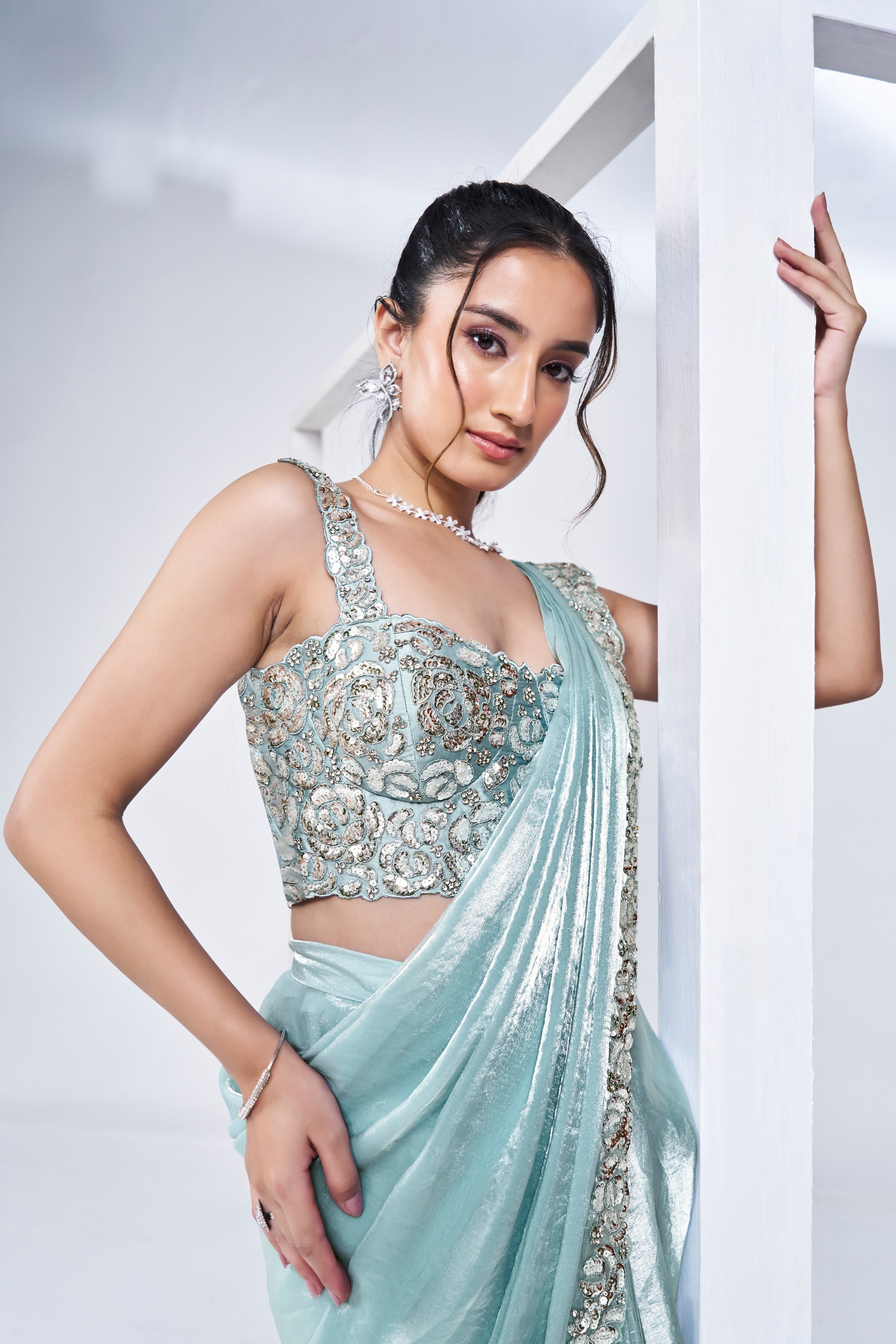 Aqua Blue Handwork Satin Silk Saree
