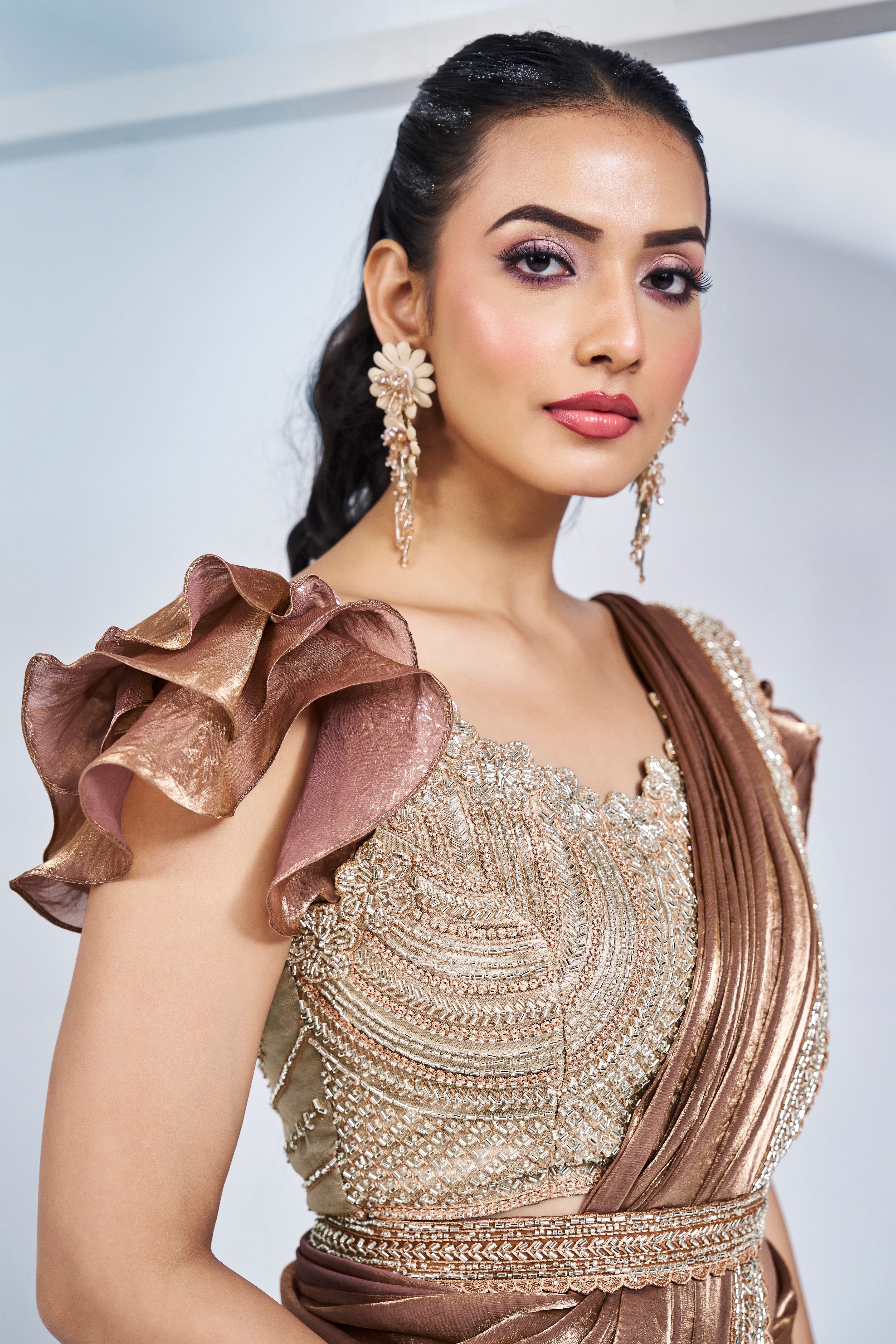Classic Brown Embellished Satin Silk Saree
