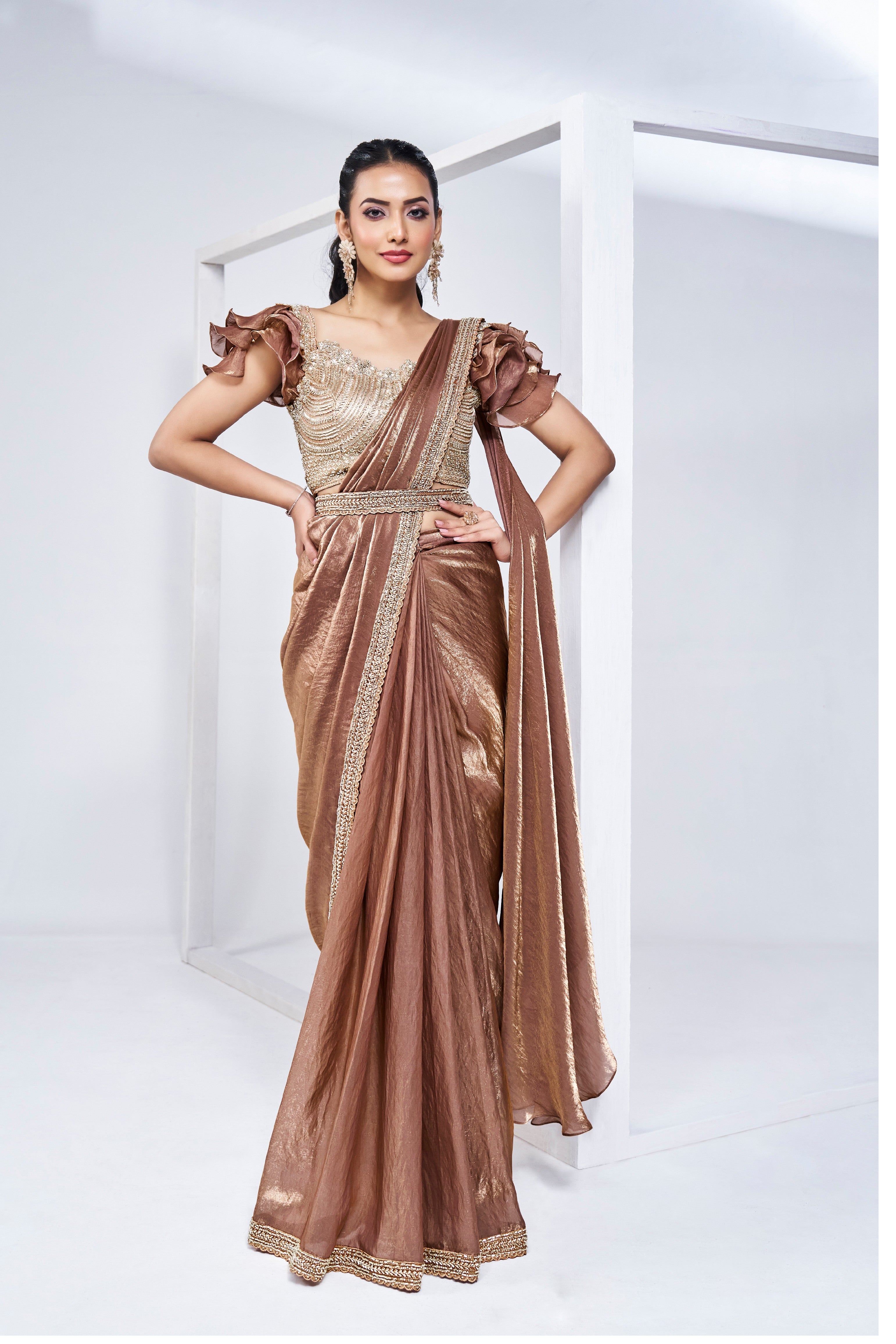 Classic Brown Embellished Satin Silk Saree
