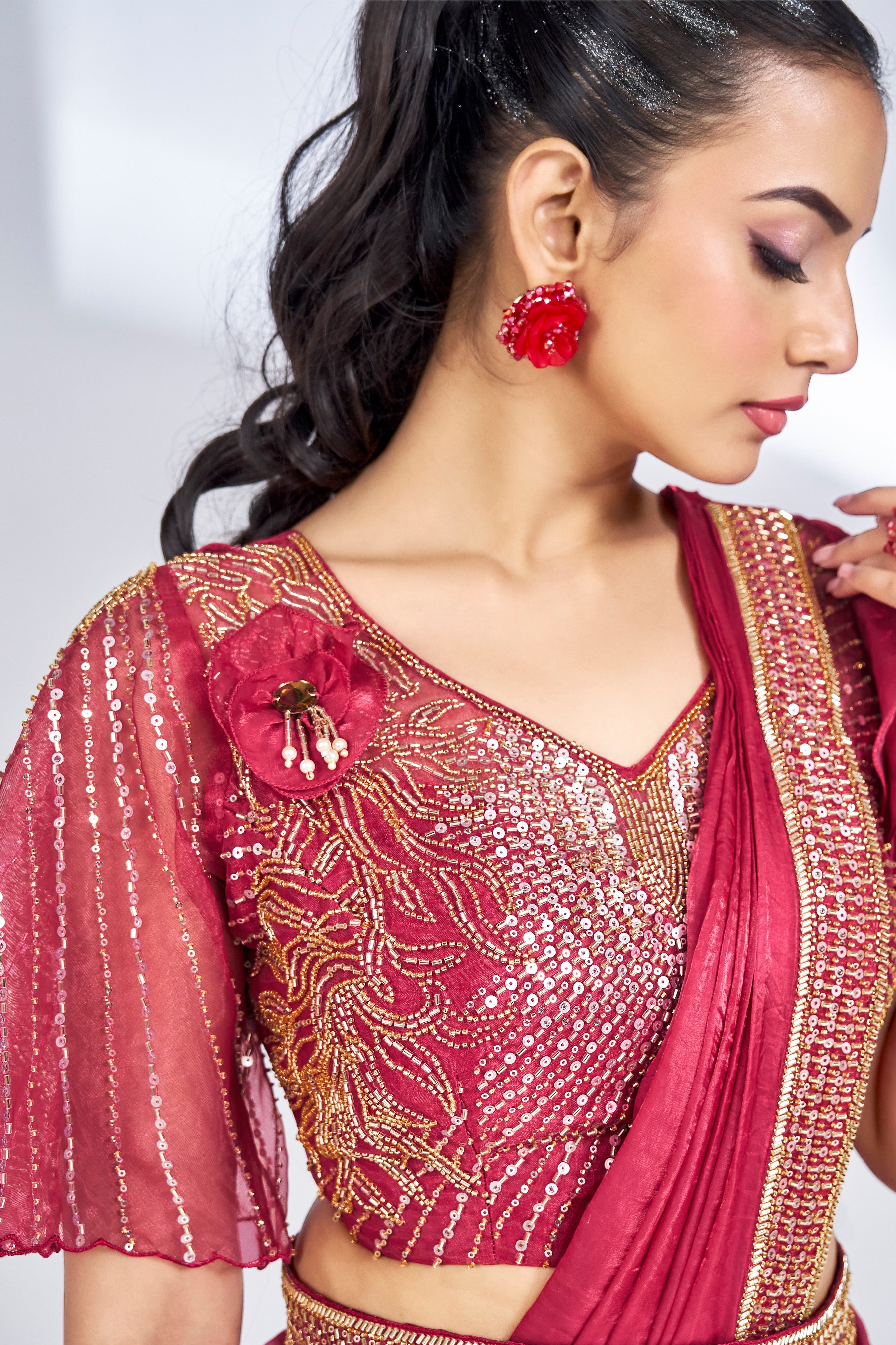 Red Handwork Satin Silk Saree