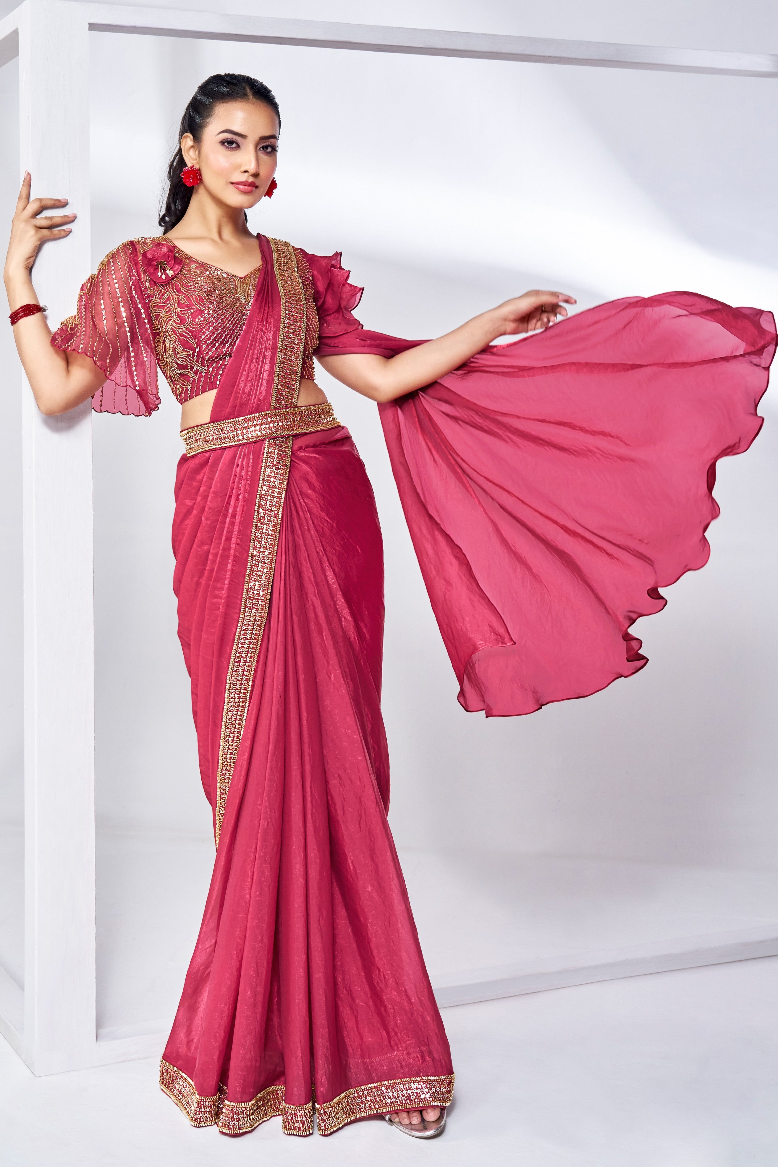 Red Handwork Satin Silk Saree