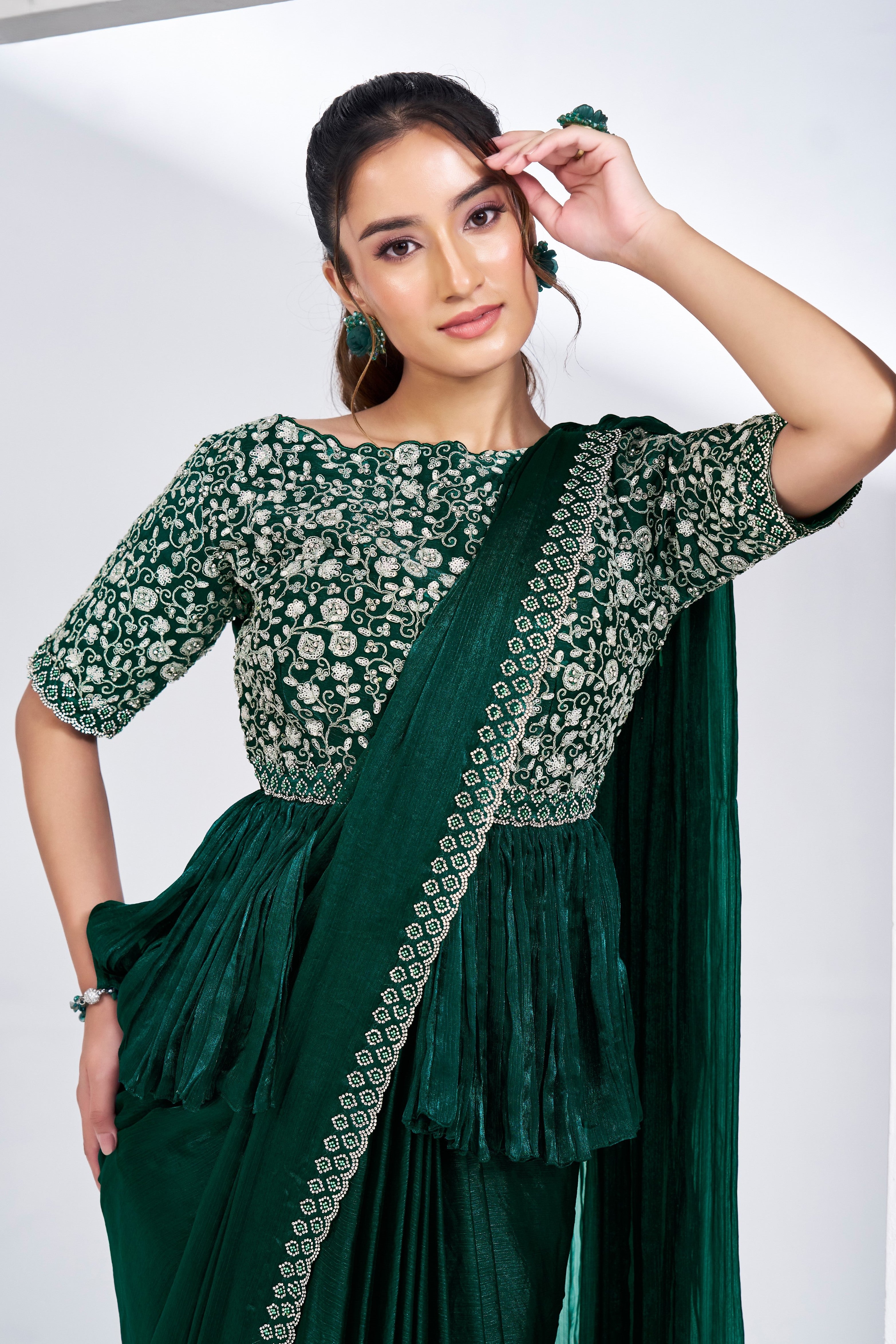 Emerald Handwork Shimmer Chinon Silk Saree