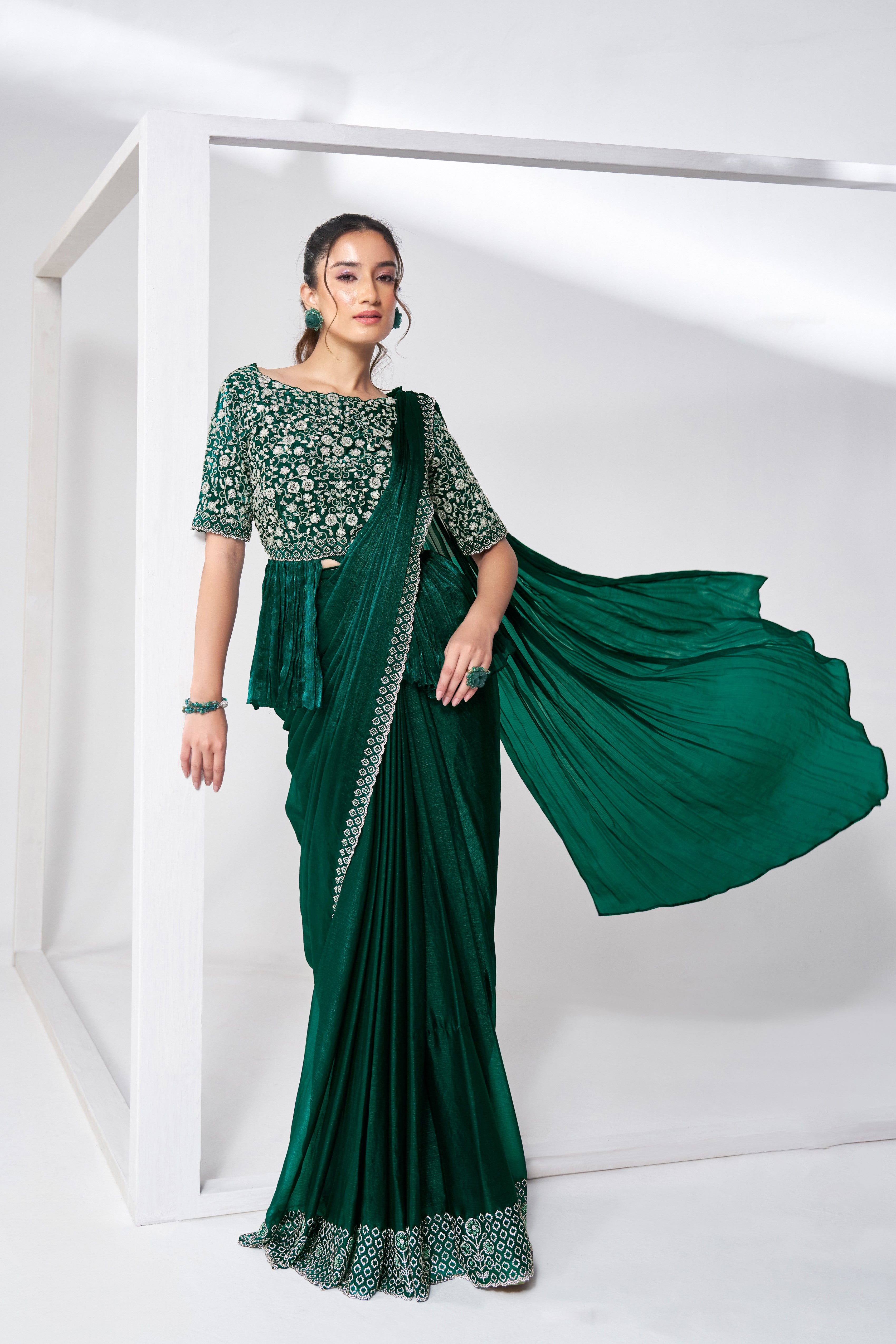 Emerald Handwork Shimmer Chinon Silk Saree