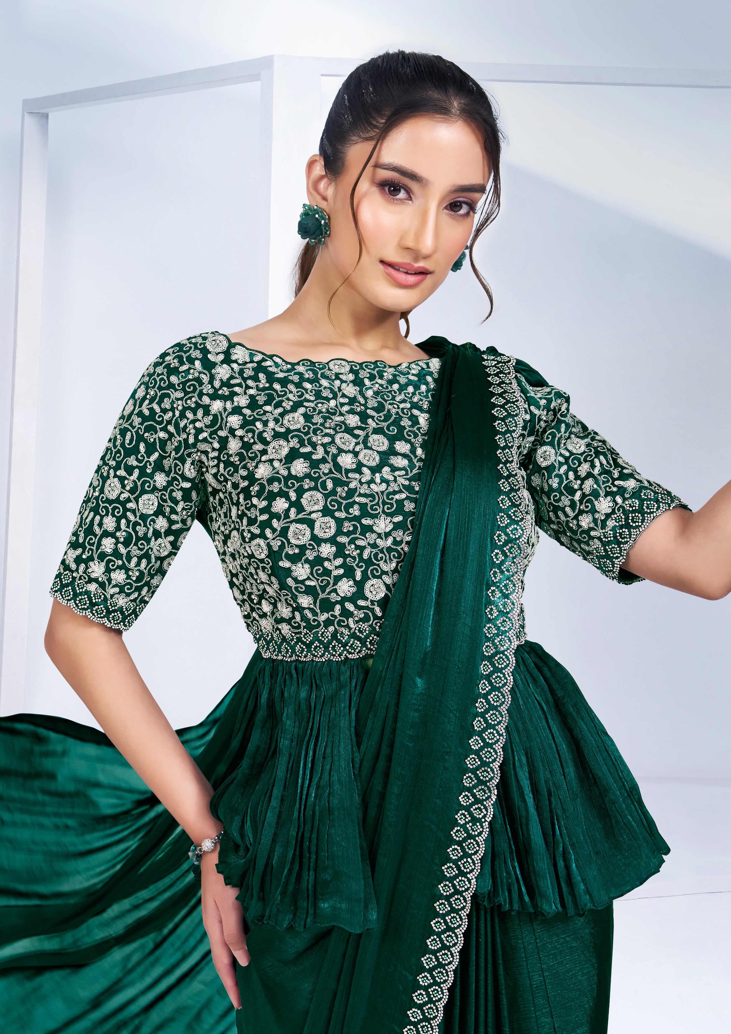 Forest Green Embellished Shimmer Chiffon Saree