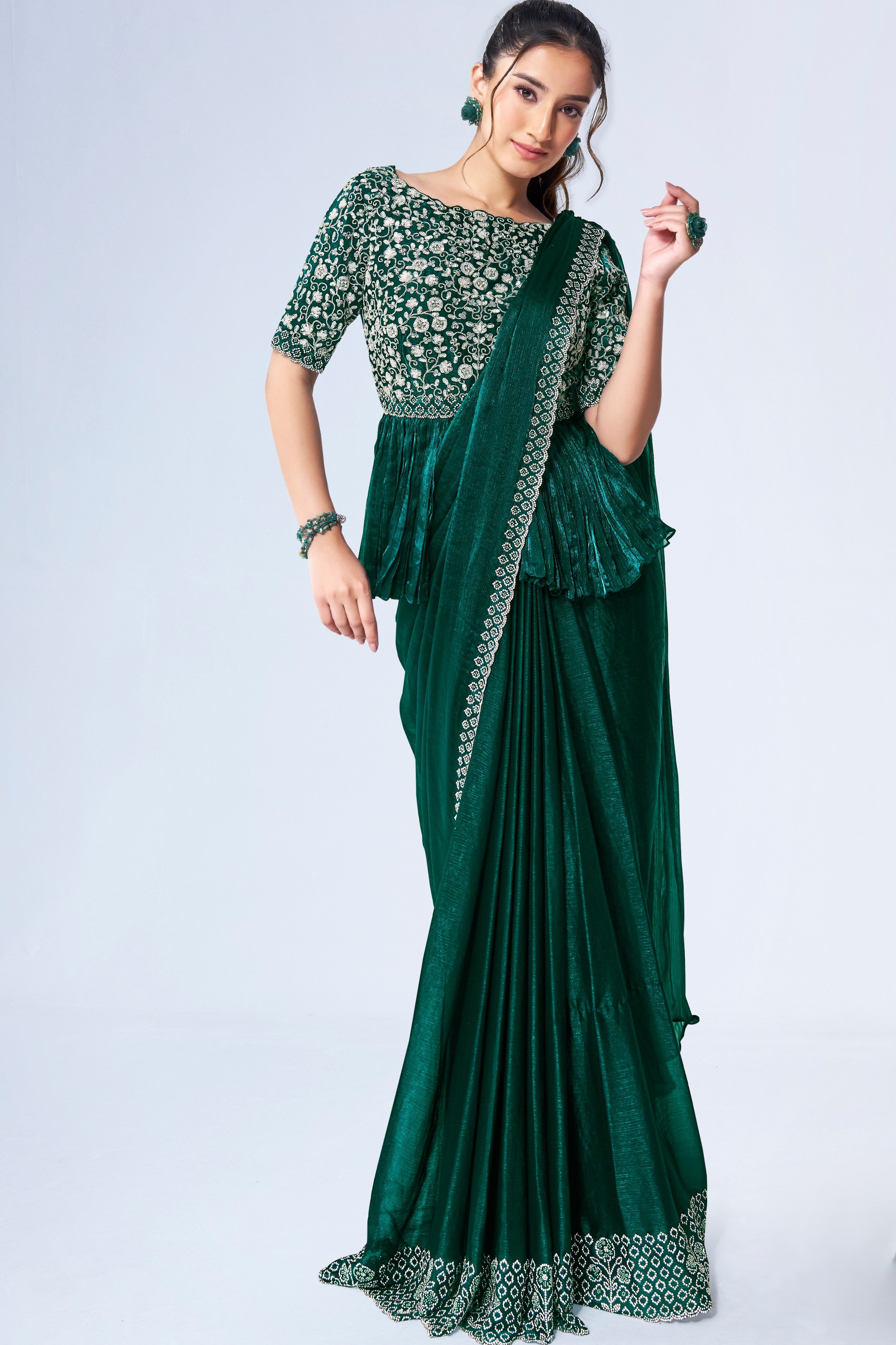 Emerald Handwork Shimmer Chinon Silk Saree