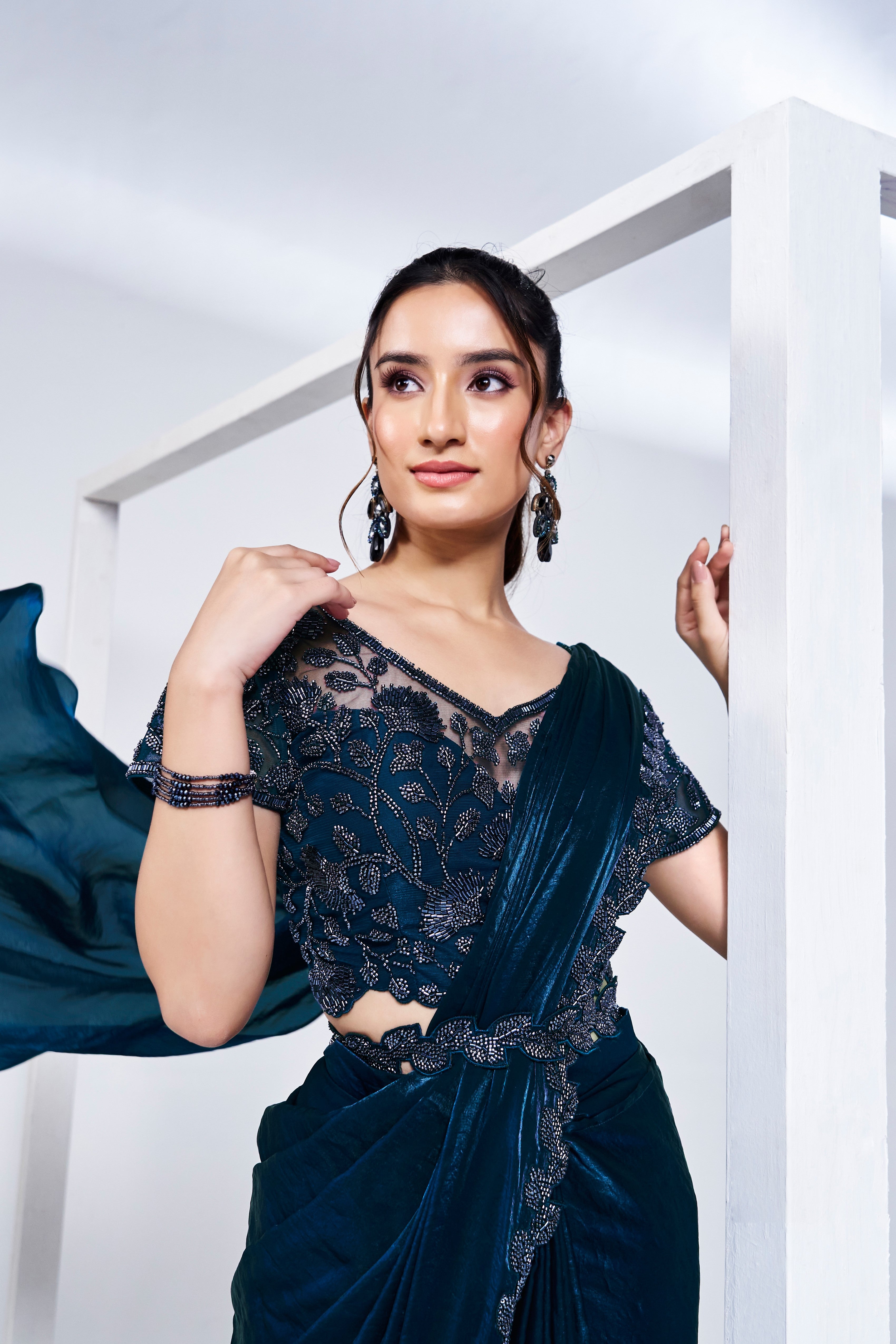 Teal Embellished Satin Silk Saree