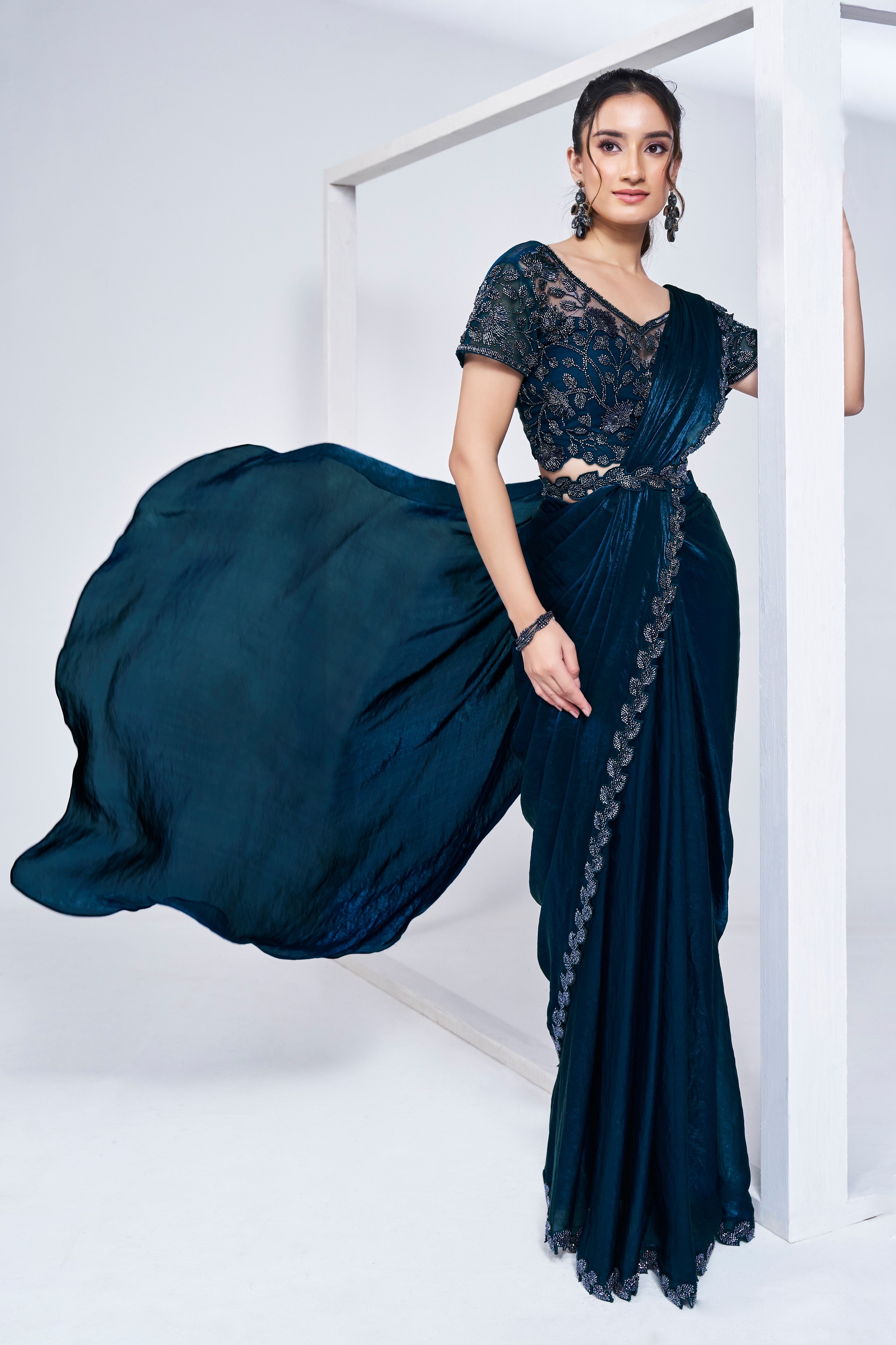 Teal Embellished Satin Silk Saree