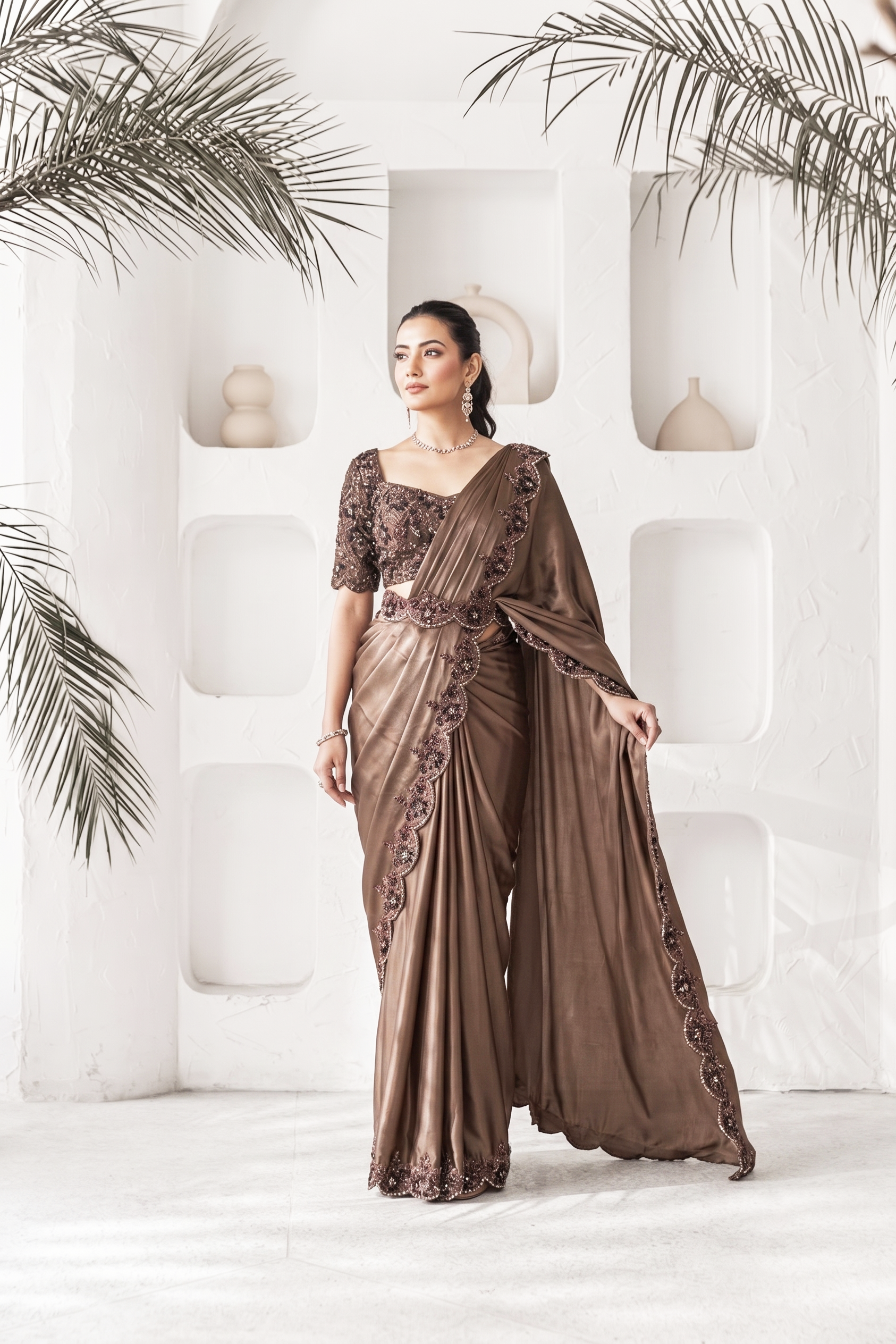 Brown Latte Embellished Satin Silk Saree